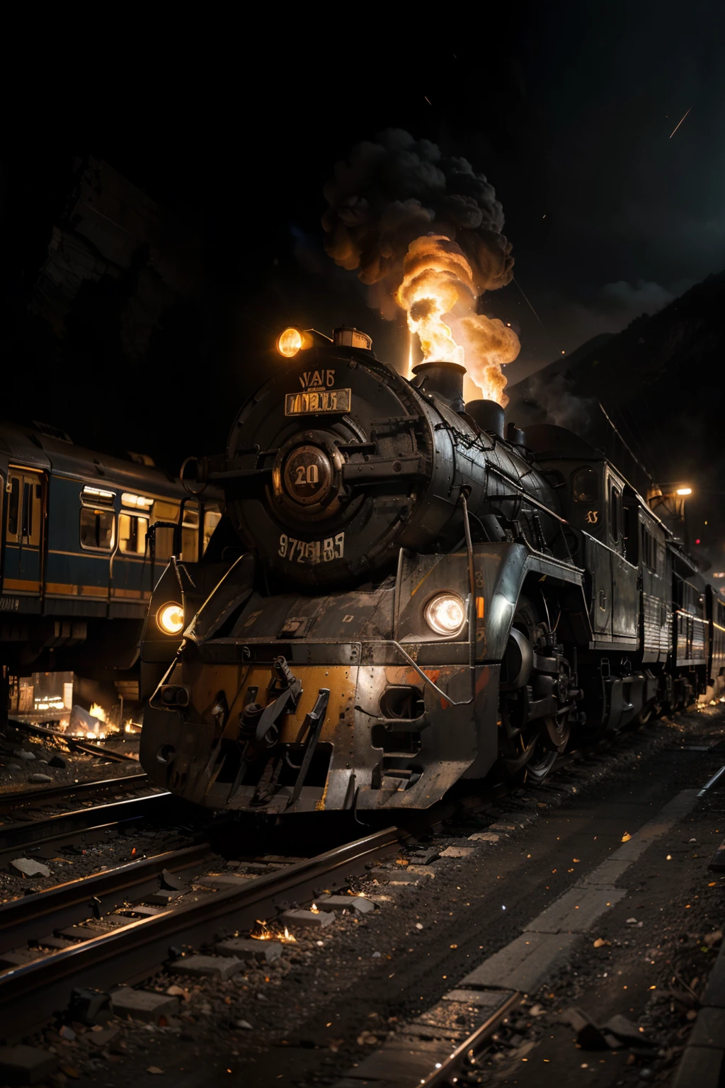 A masterful composition, gritty and realistic photo, a colossal and scary old mechanized sentient locomotive robot running on a train track with legs, illuminating the night with flames and lights, in a foggy valley, leaving a trail of smoldering coals, HDR, extremely detailed, detailed background, high contrast, bold shifts of light and dark, cinematic, complex and multidimensional lighting, eerie,