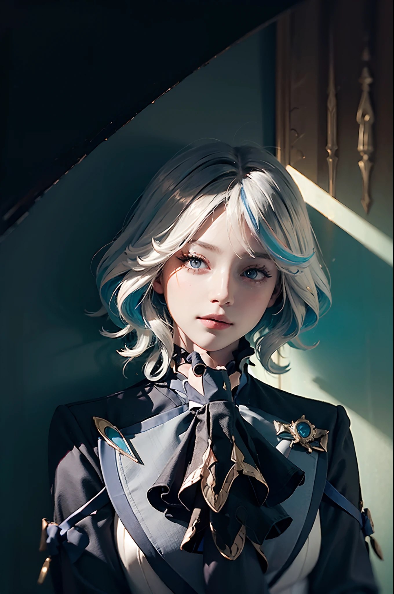 (In the dark:1.6), Surrealistic Female Portraits by David Hockney and Alphonse Mucha,Fantasy art, photograph realistic, Dynamic lighting, art stations, poster for, voluminetric lighting, Very detailed faces, 4 k'', Award-Awarded,, 1girll, In the dark, deepshadow, low tune,Cowboy shot,(official outfit:1.4) ,Long hair,White hair, Upper body