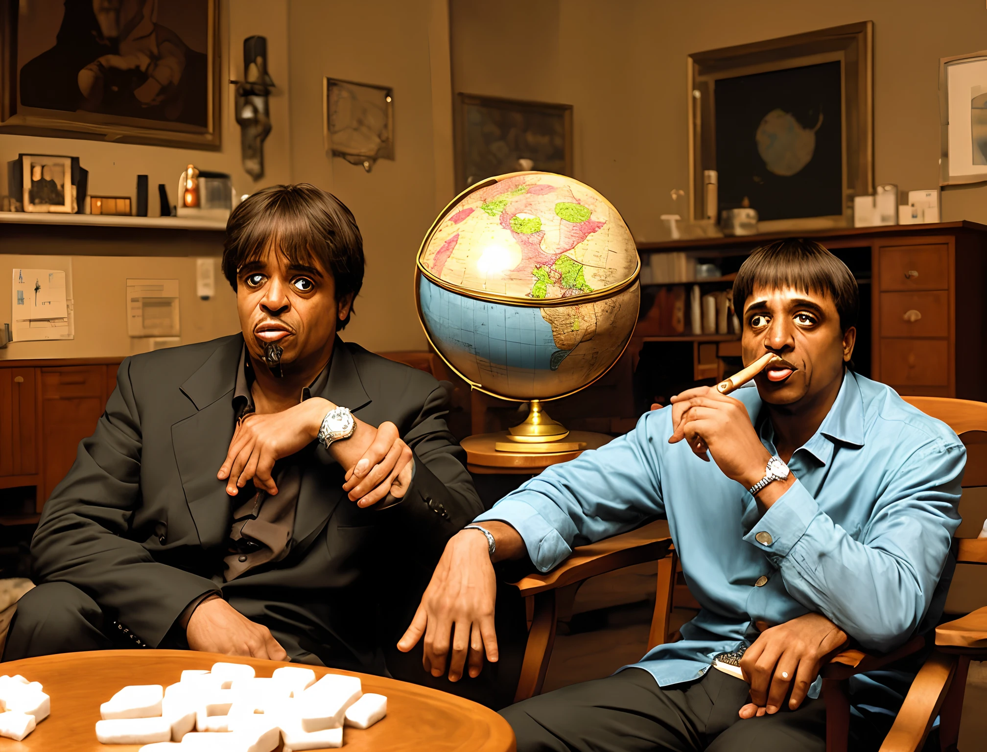 Scarface sitting on the chair with a cigar and cocaine on the table and in the background the globe of the world is yours