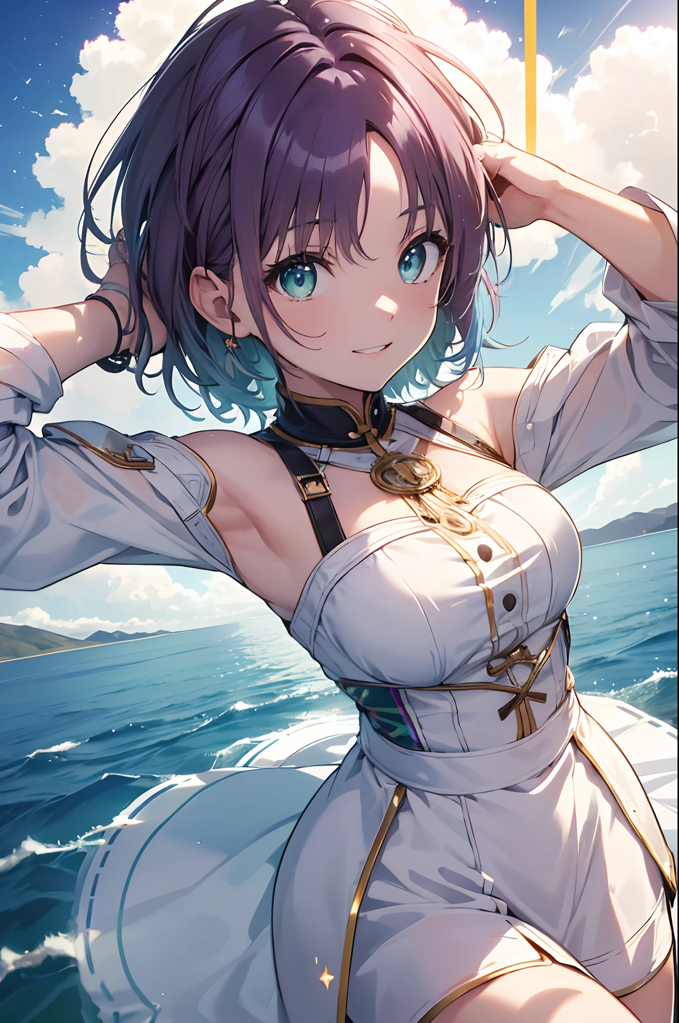 1girl in、NFSW, Face, (((Toru Asakura:1.37, Solo))), (((Close-up of face))), (Beautiful face, Cute face, Detailed face), (((Singingル))), (((Detailed beautiful green eyes))), BREAK, (((Sunny))), (((In Salar de Uyuni))),(((A mirrored world that is so vast that you can see it))), (((blue hairs、耳环、gradation hair、multi color hair、Parted bangs、Purple hair、short-cut、Pure white idol costume))), BREAK, extremely detailed CG unified 8k wallpaper, very fine 8KCG wallpaper, anime moe art style, Anime visuals of cute girls, anime style portrait, In an anime style, Beautiful anime, 8K Anime Art Style, In anime style、8K animation with detailed drawings, (masterpiece, Best Quality), High resolution, Ultra-detailed, ultra-sharp, Cinematic lighting、The upper part of the body、Extreme close-up view、HDR、UHD、8K、Glowing eyes, blue-sky、sparkling pupils,happy, sparkling pupils,happy,reaching out ,forward hands,floating hair, shiny hair,outdoors, wind,sparkling pupils,happy,sexy body,(Perfect Anatomy:1.2),((Perfect hands:1.2)),shoot from side、top-quality、Full limbs、complete fingers、、、Dancing、A big smile、from above、dutch angle、very wide shot、Reflecting the sky on the surface of the lake「Mirror in the Sky」A mysterious superb view called