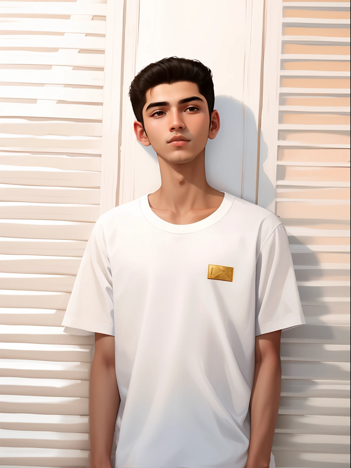 A 13-year-old boy student of average height (approximately 172 cm) with dark brown hair. Her eyes are light brown like honey and, when he uses his powers, they shine with a faint glow. Wear casual and comfortable clothing: jeans and t-shirts in neutral and light colors. The expression on his face is relaxed and friendly., transmitting a feeling of confidence and serenity.