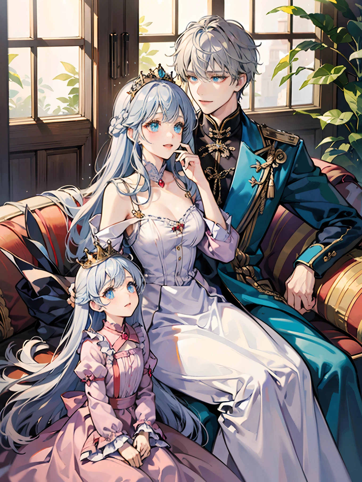 anime - style image of a man and woman sitting on a elegant sofa, (1 man, (black hair), masculine, handsome, blue eyes), (1 woman, (silver hair), blue eyes, beautiful, flat chest, long sleeve uniform), academy uniform, magic academy, library, wearing magic academy uniform, royal elegant pose, in their noble mansion, royal portrait, detailed hand, chess board, table chess, pieces of chess, 8k, HD, masterpiece, detailed accessories, king and queen, detailed face