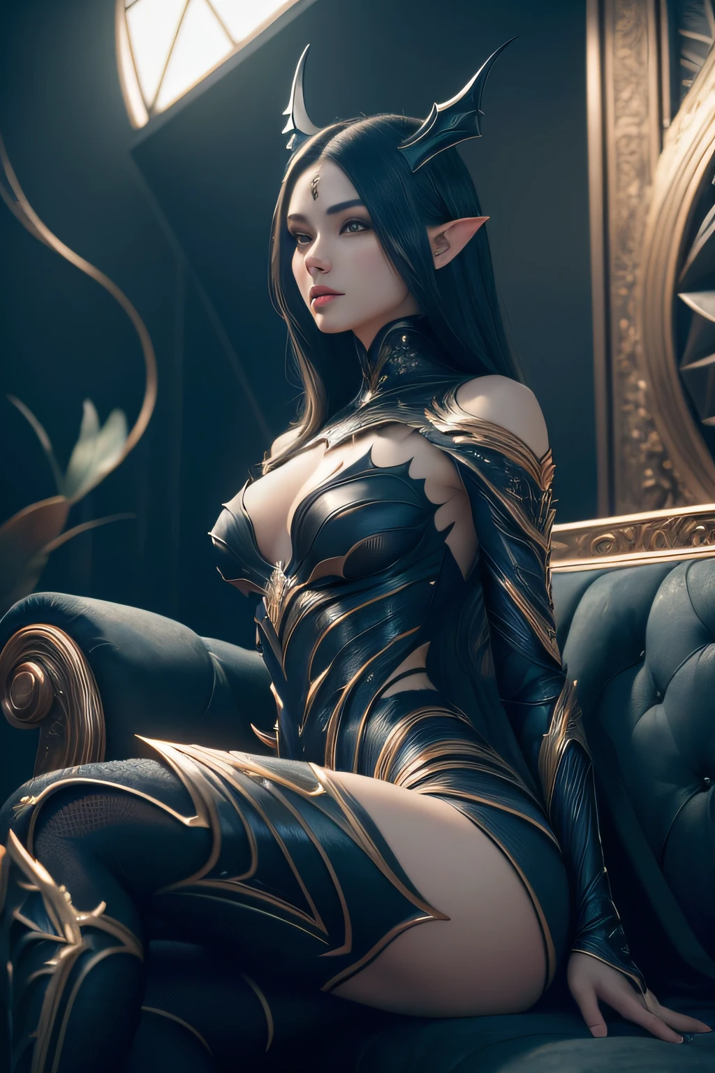 RAW, Masterpiece, Ultra Fine Photo,, Best Quality, Ultra High Resolution, Photorealistic, Sunlight, Full Body Portrait, Stunningly Beautiful,, Dynamic Poses, Delicate Face, Vibrant Eyes, (Side View) , she wears futuristic Batman costume, skinny leather pants, turtleneck top, off shoulders, Batman ears, sitting on a leather sofa, very detailed background, detailed face, detailed tidy background, gorgeous, Milky white, high detailed skin, realistic skin detail, visible pores, sharp focus, volumetric fog, 8k uhd, dslr, high quality, film grain, fair skin, photorealism, lomography, in a future utopia metropolis, seen from below, translucent, semi transparent dress,