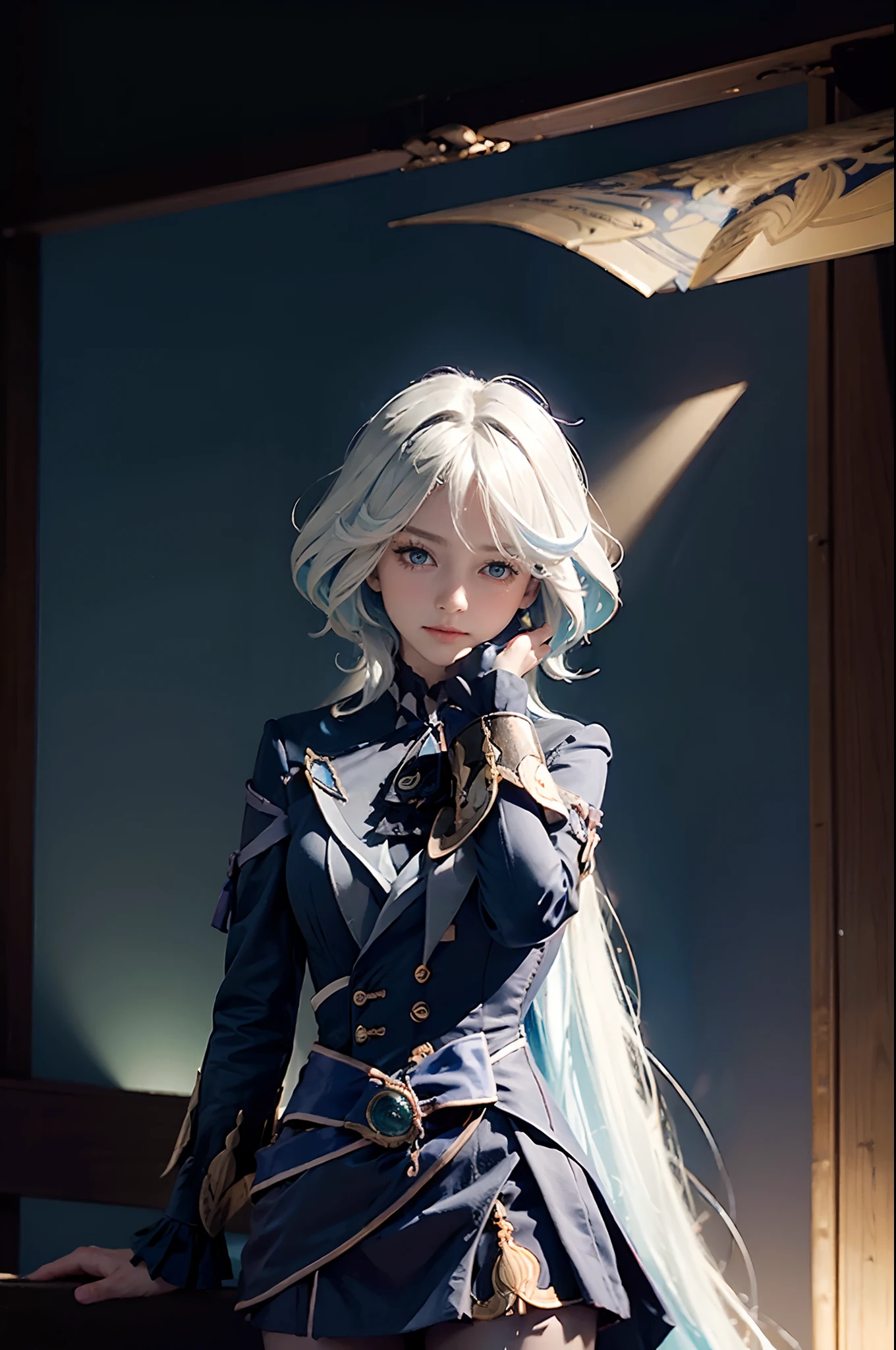 (In the dark:1.6), Surrealistic Female Portraits by David Hockney and Alphonse Mucha,Fantasy art, photograph realistic, Dynamic lighting, art stations, poster for, voluminetric lighting, Very detailed faces, 4 k'', Award-Awarded,, 1girll, In the dark, deepshadow, low tune,Cowboy shot,(official outfit:1.4) ,Long hair,White hair, Upper body