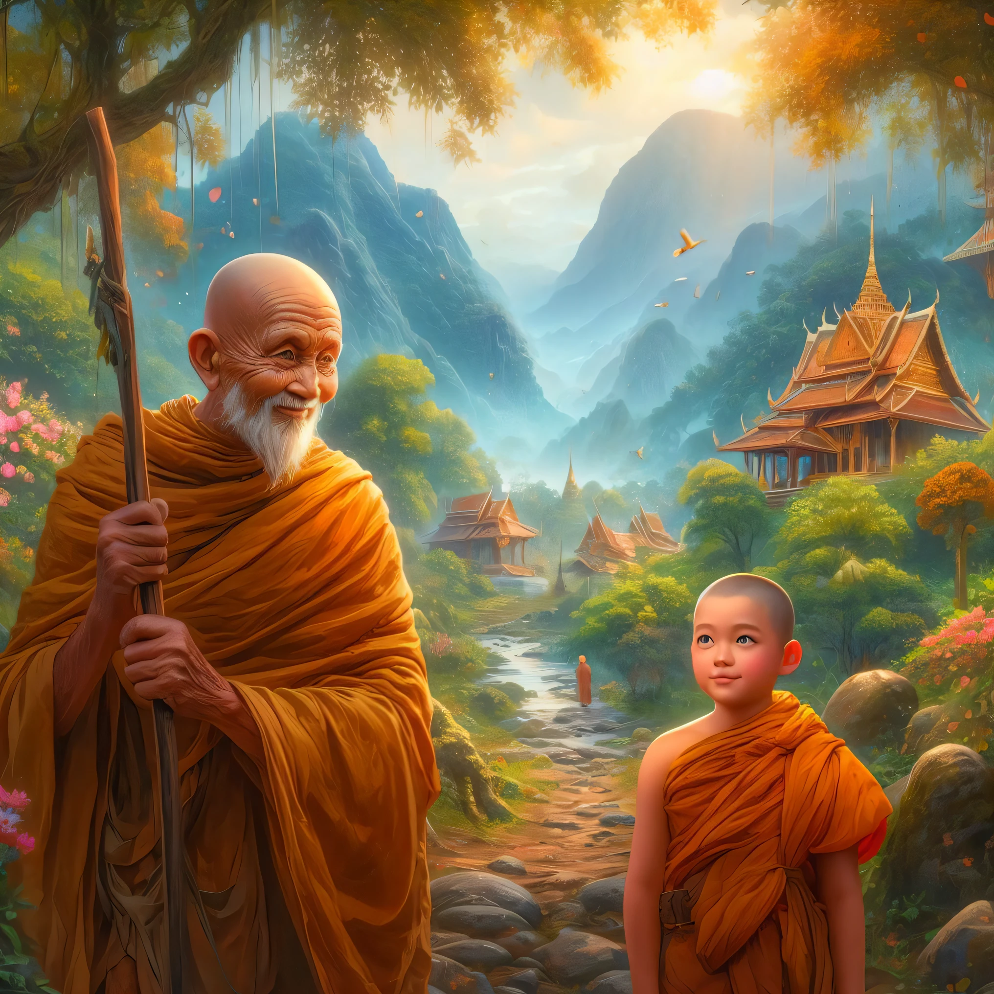 arafed image of a monk and a young monk in a mountain landscape, on path to enlightenment, concept art of a monk, on the path to enlightenment, buddhist monk, portrait of monk, ross tran and michael whelan, buddhist, by John La Gatta, by Alexander Kucharsky, rob rey and kentarõ miura, thailand art, monk clothes