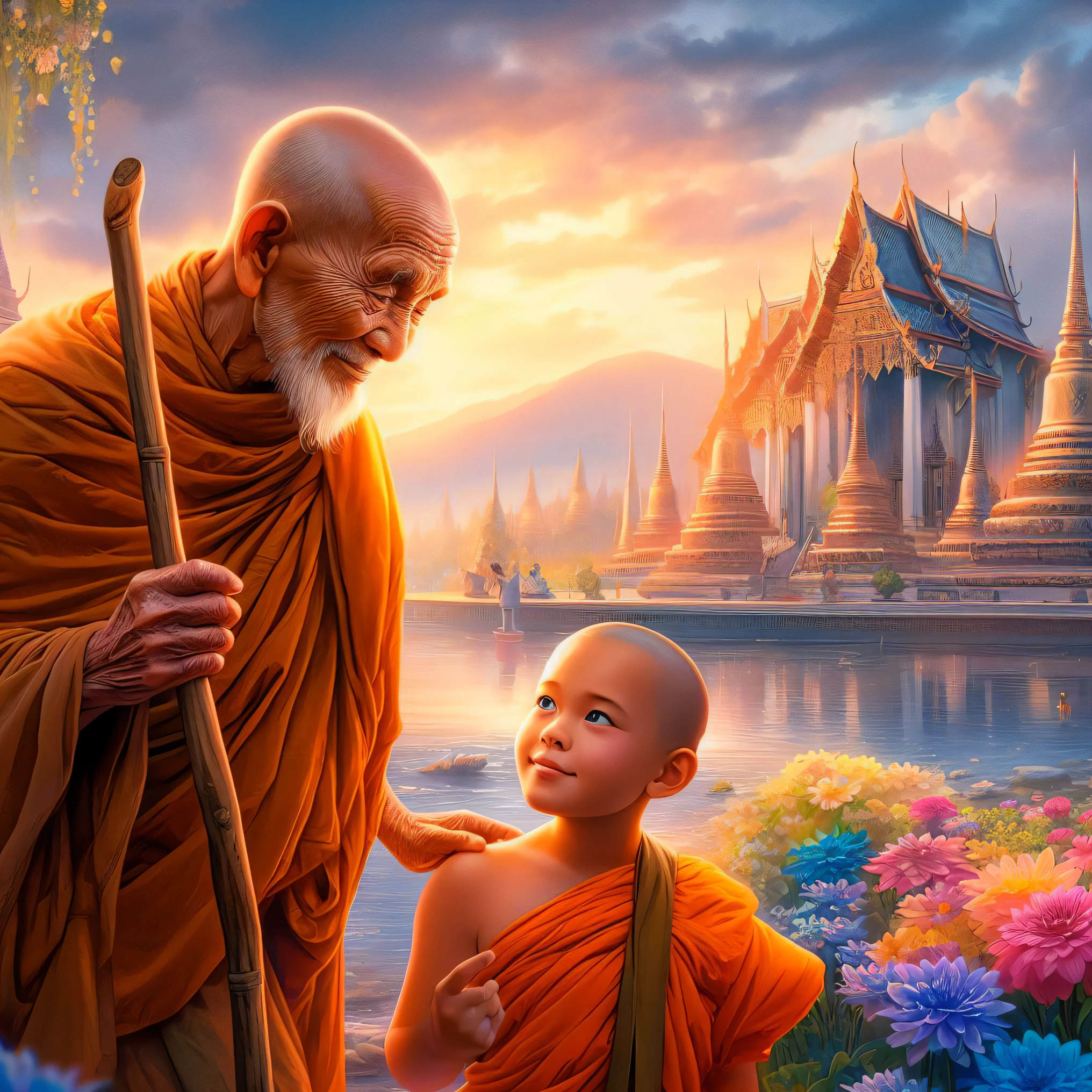 a close up of a child and an older man near a lake, thailand art, on the path to enlightenment, on path to enlightenment, buddhism, buddhist, beautiful depiction, buddhist monk, tithi luadthong, amazing wallpaper, beautiful wallpaper, temple background, monk meditate, amazing depth, monk clothes, very beautiful photo, spiritual enlightenment, beautiful image