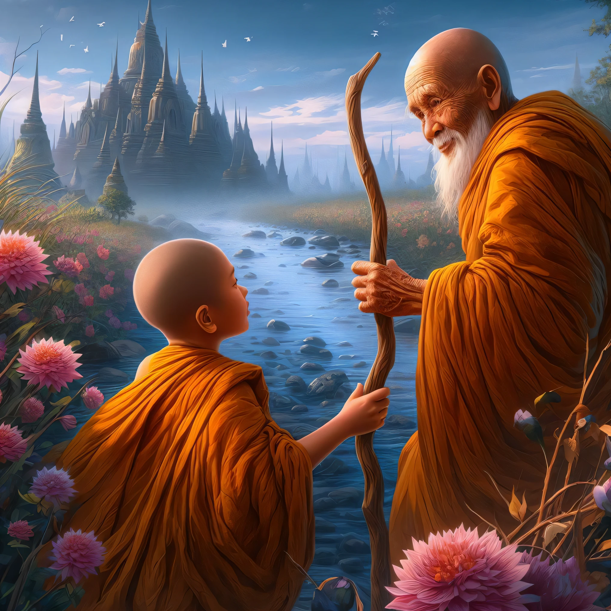 a close up of a person holding a stick near a river, by Alexander Kucharsky, concept art of a monk, monks, on path to enlightenment, ross tran and michael whelan, on the path to enlightenment, buddhism, buddhist, beautiful depiction, monk, 2 1 st century monk, sylvain sarrailh and igor morski, monk clothes