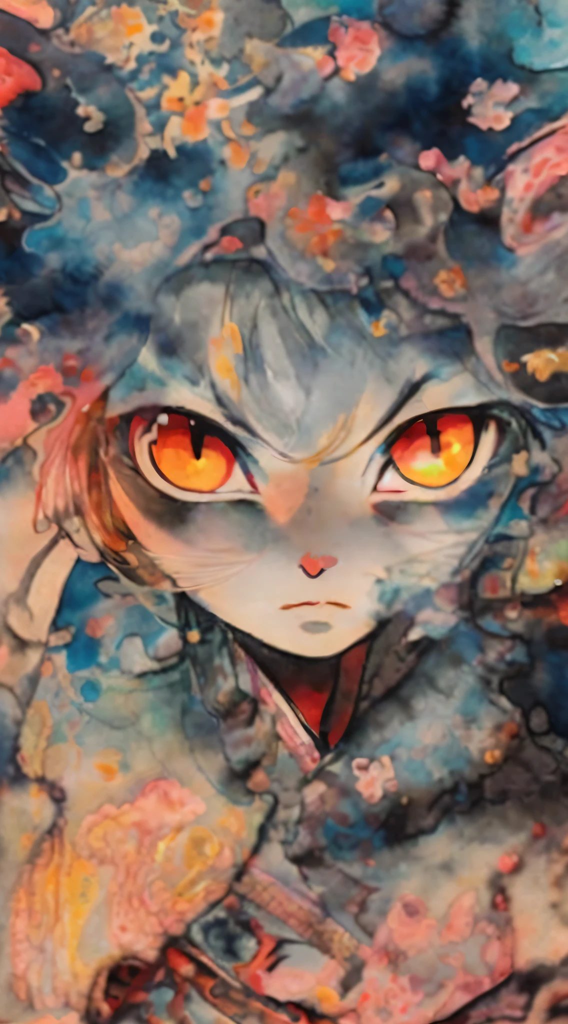 (Masterpiece, Best Quality: 1.4), Amazing Manga Art on Cracked Paper, Girl in Kimono, Lively Illustration | Necronomicon Art Expressionism, Glowing Watercolor, Alcohol Ink, Eye-Catching, Artistic, Very Detailed, surreal, otherworldly, dream-like, dignified and cute, they stare at the viewer. Anime inspired characters, cat atmosphere, fighting aura gas: 3.0, space: 1.5, side view, cant angle, light, night, moon haze, 32K, most spectacular octane rendering ever, sharp focus, bokeh taste