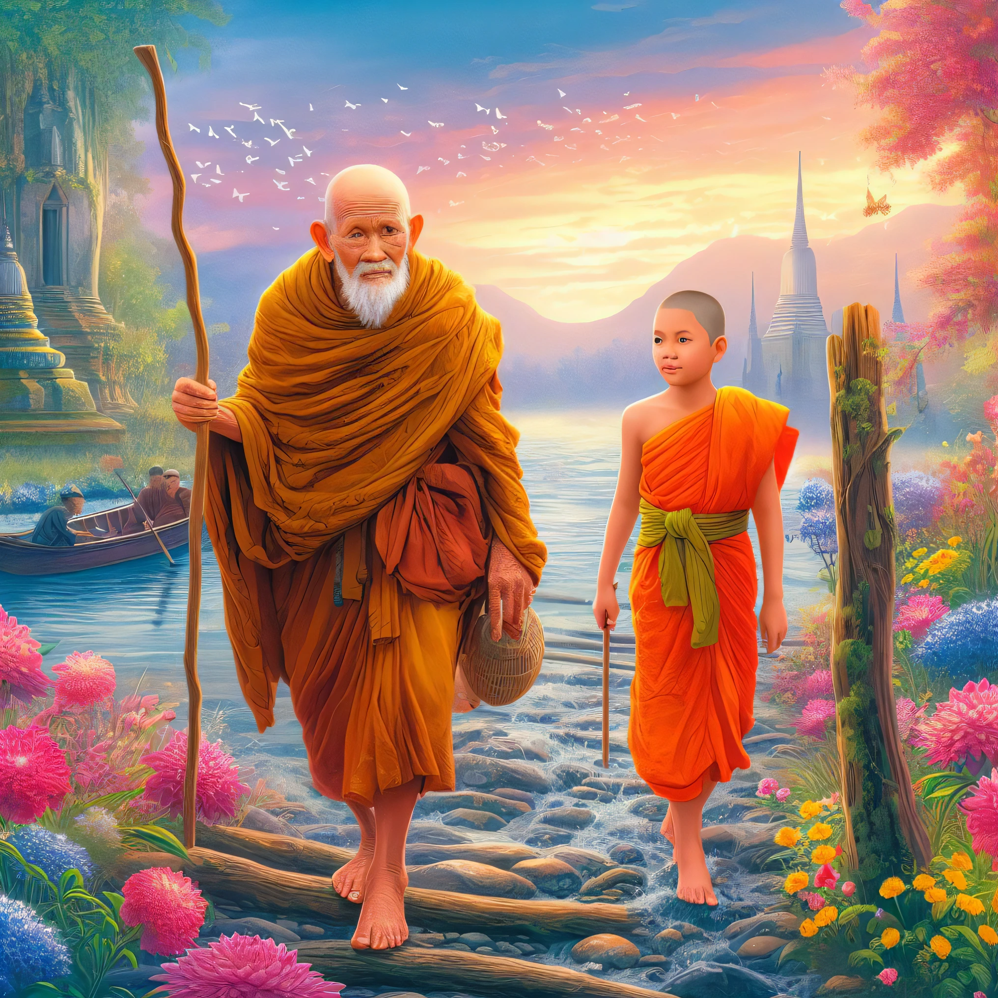 a painting of two monks walking down a path with a boat in the background, on path to enlightenment, on the path to enlightenment, the journey of life, monk clothes, buddhist, monks, buddhism, buddhist monk, inspired by Bapu, by John La Gatta, beautiful depiction, monk, portrait of monk, 2 1 st century monk, very beautiful photo