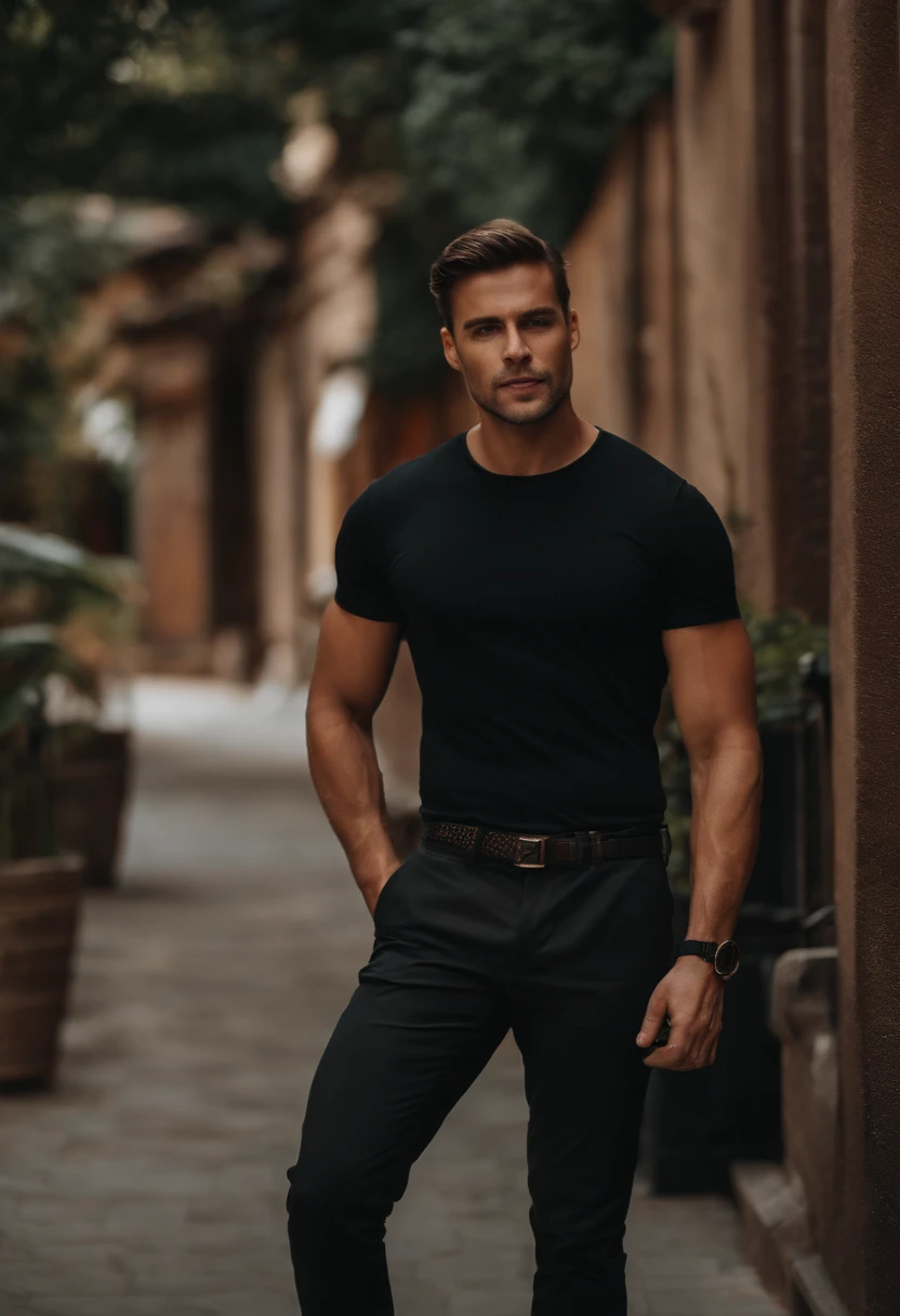 a short-cut man Wearing a black T-shirt and black pants,  wears a black watch on his left hand, and puts his right hand in his pants pocket.