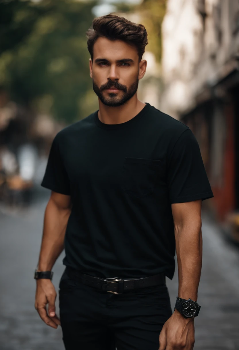 a short-cut man Wearing a black T-shirt and black pants, wears a black watch on his left hand, and puts his right hand in his pants pocket.