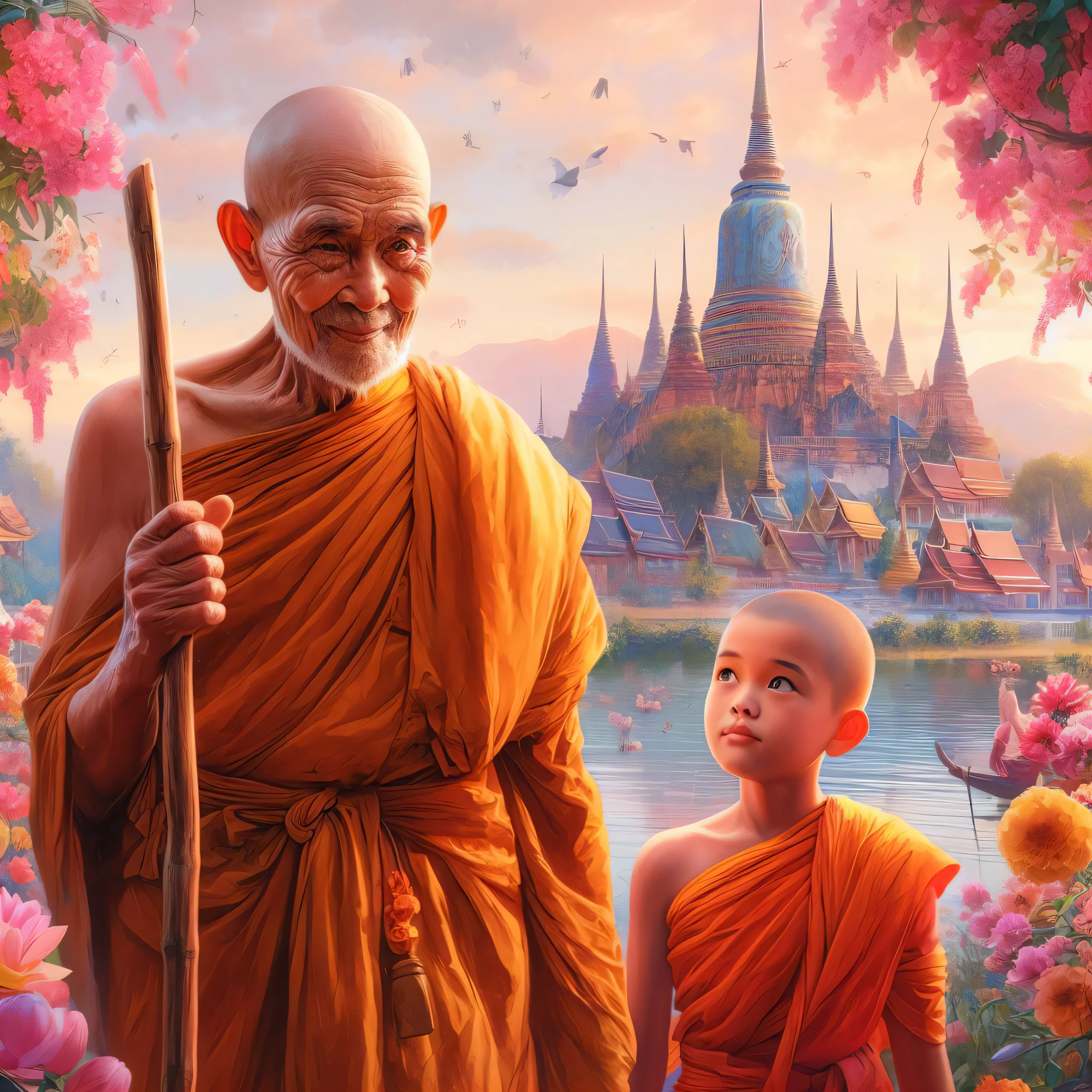 a painting of two monks walking in a forest with a temple in the background, on path to enlightenment, on the path to enlightenment, buddhism, concept art of a monk, buddhist, monks, buddhist monk, monk clothes, monk, by Alexander Kucharsky, beeple and jean giraud, tithi luadthong, thailand art, 2 1 st century monk