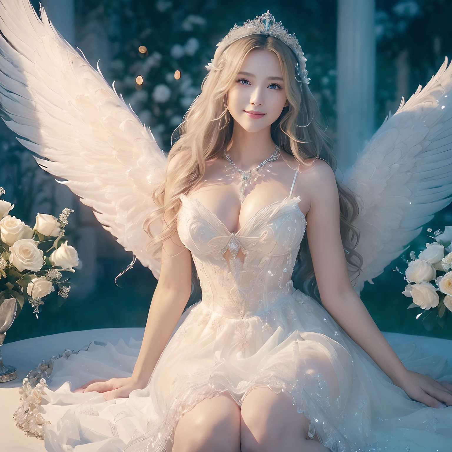 (((masutepiece、top-quality、Highly complex and detailed depictions)))、((Very beautiful angel queen,Maternal smile,mothers,Smile、Beautiful smile,Above the knee、full body Esbian、Final Form as Perfect Angel, ,Huge and realistic angel wings,The most dignified feathers,The most detailed and intricate angel wings、Deities々Shikai,King of Angels,The most dignified angel,Shimmering white feathers、Plumage gives off a transparent shine、Graceful and classy pose、Filled with Divine Light、Descend into a field of snow-white flowers、 It is full of white flowers、Filled with white roses、All white roses、A large amount of white roses、The ground is a field of pure white flowers、Detailed clouds in the background、Angels bathed in the sacred soft light、spectacular movie lighting、Hair swaying in the wind、The most classy white dresses、Very noble、refinement、top grade、The background is a fairytale glow、Enveloped in fairytale light、White glow、Immerse yourself in the sacred glow of a fairy tale、The most massive pure white princess dress, The finest necklaces,artistic décor,Intricate and solemn dress of an angelic masterpiece,White decorative dress,Huge Princess Dresses,The most majestic figure of the angel,The most intricately depicted angelic figures,An angel with a crystal clear glow、Deities々It emits a pure white glow、Plumage gives off a crystal clear shine、It is full of sacred and intricate brilliance、the most beautiful in the world,Unimaginable beauty,divine atmosphere,The most intricate and beautiful dresses,Accurate reproduction of the perfect angelic detail,The figure of an unimaginably beautiful angel)),((Most beautiful face,Half Japan and half Spanish,Maternal tenderness、Maternal smile,Beautiful wavy hair,The most luxurious and intricate dresses,stares at the camera、Giant wings of angels,masutepiece,8K,very intricate,ultra-detailliert))