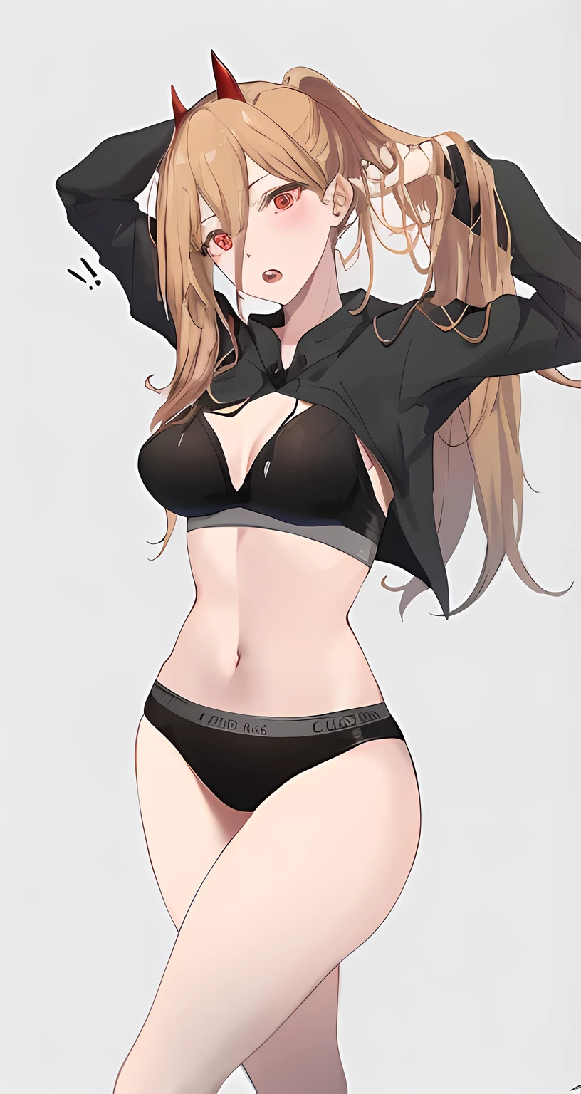anime girl in black lingerie with red horns and a black jacket, seductive anime girl, from girls frontline, fine details. girls frontline, girls frontline style, attractive anime girl, marin kitagawa fanart, girls frontline cg, female anime character, blonde anime girl with long hair, anime full body illustration, ecchi anime style, (anime girl)