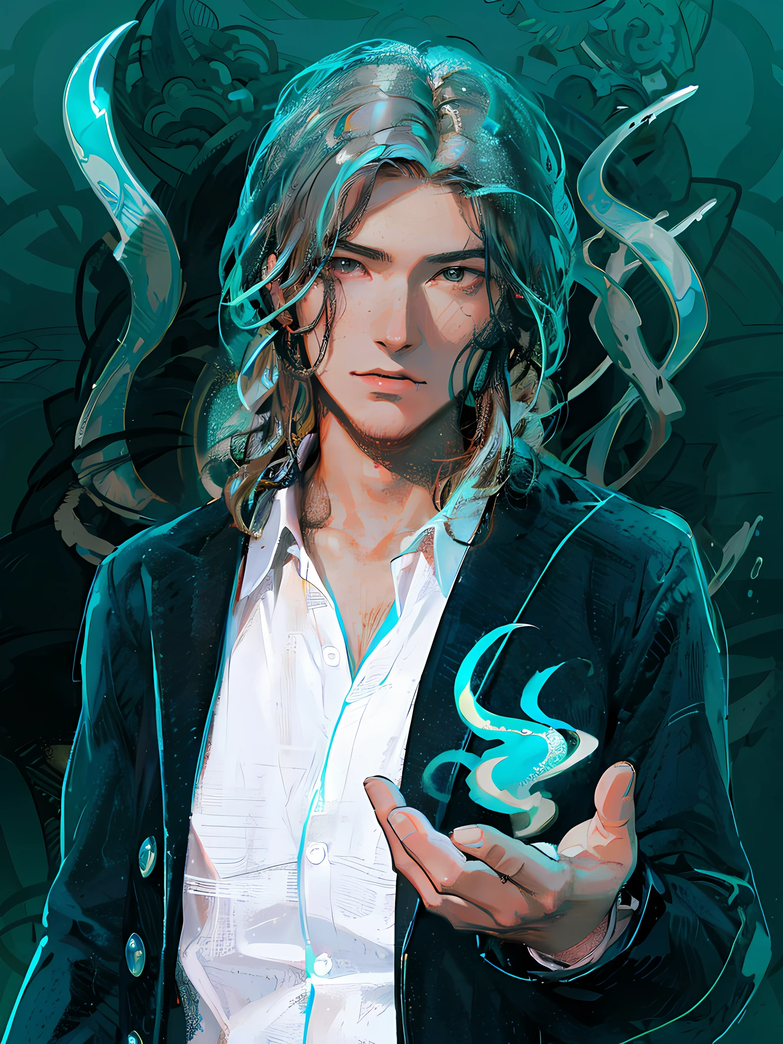 Masami Teraoka, aquamarine, Paul Gauguin, Embry Style, Honest image, Handsome anime guy, serious expression, overdetalization, big eyes, Shoulder-length curly black hair, Superpowers on the arm and back, halo over head, in tuxedo suit, hands in bandages, Osamu Dazai
