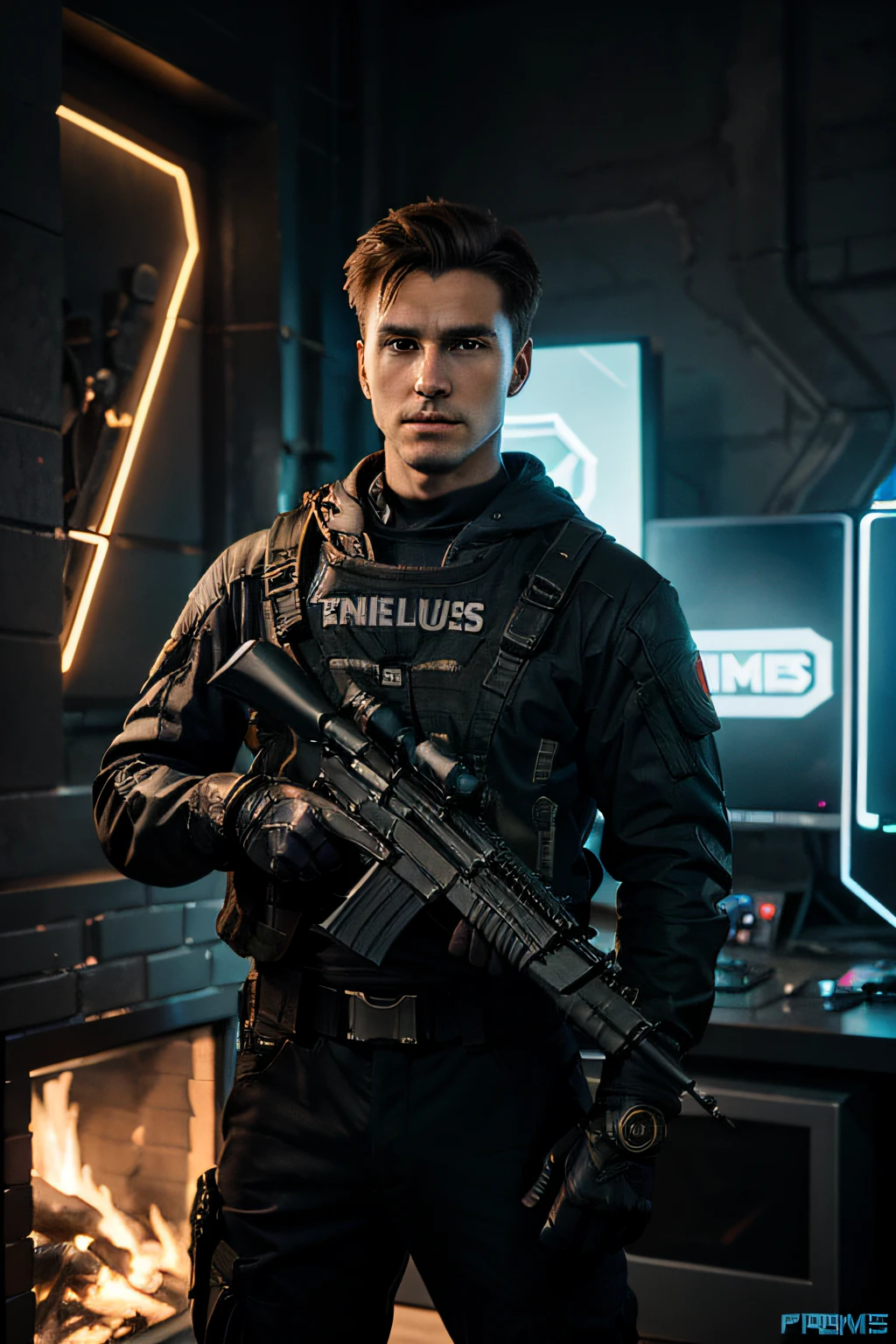 image for gaming channel with name Prometheus
with guns and logo needed in the picture "Prometheus".vibrant