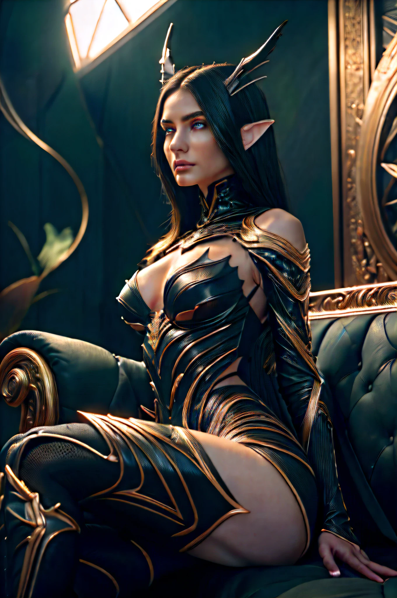 RAW, Masterpiece, Ultra Fine Photo,, Best Quality, Ultra High Resolution, Photorealistic, Sunlight, Full Body Portrait, Stunningly Beautiful,, Dynamic Poses, Delicate Face, Vibrant Eyes, (Side View) , she wears futuristic Batman costume, skinny leather pants, turtleneck top, off shoulders, Batman ears, sitting on a leather sofa, very detailed background, detailed face, detailed tidy background, gorgeous, Milky white, high detailed skin, realistic skin detail, visible pores, sharp focus, volumetric fog, 8k uhd, dslr, high quality, film grain, fair skin, photorealism, lomography, in a future utopia metropolis, seen from below, translucent, semi transparent dress,