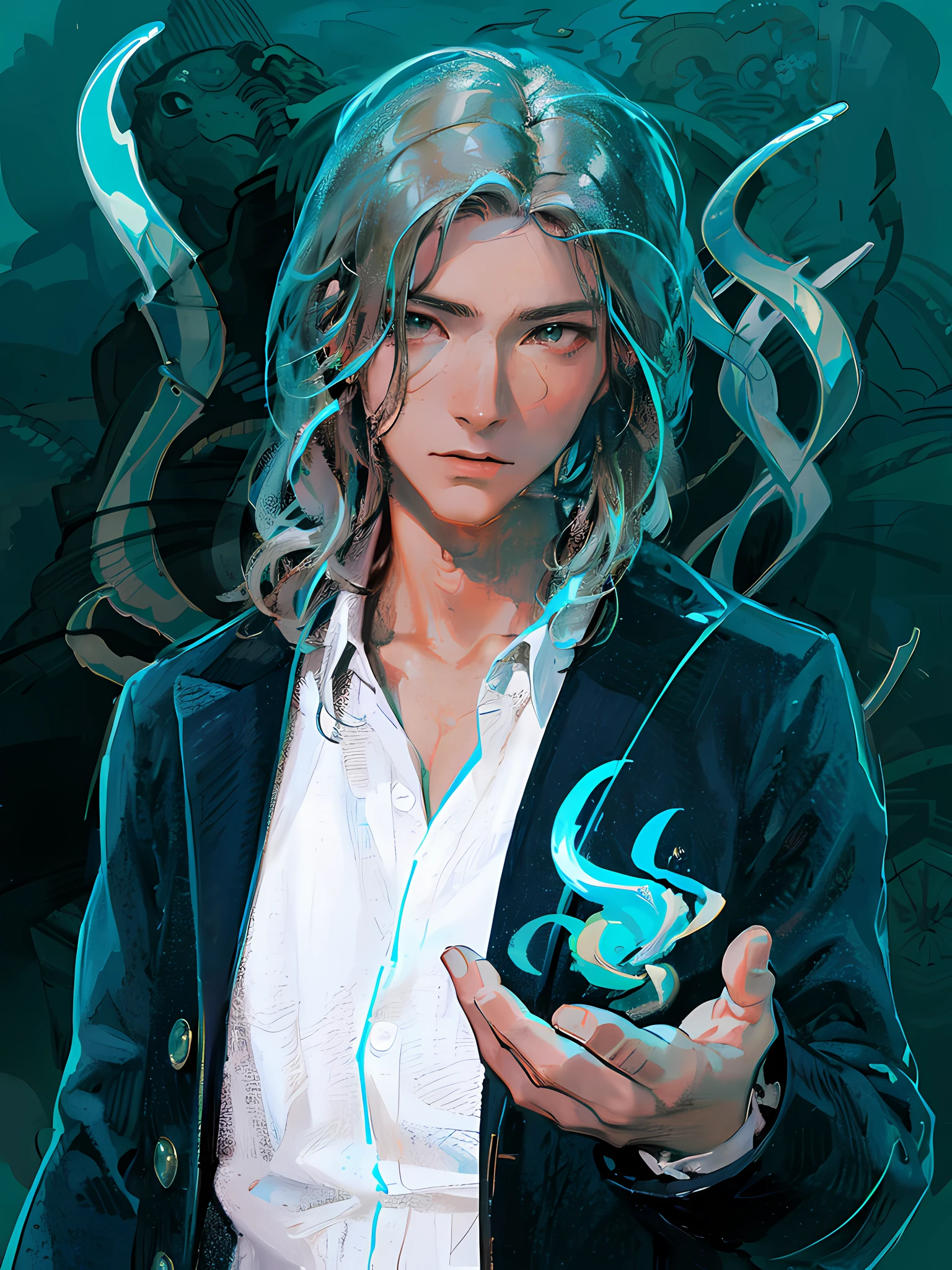 Masami Teraoka, aquamarine, Paul Gauguin, Embry Style, Honest image, Handsome anime guy, serious expression, overdetalization, big eyes, Shoulder-length curly black hair, Superpowers on the arm and back, halo over head, in tuxedo suit, hands in bandages, Osamu Dazai