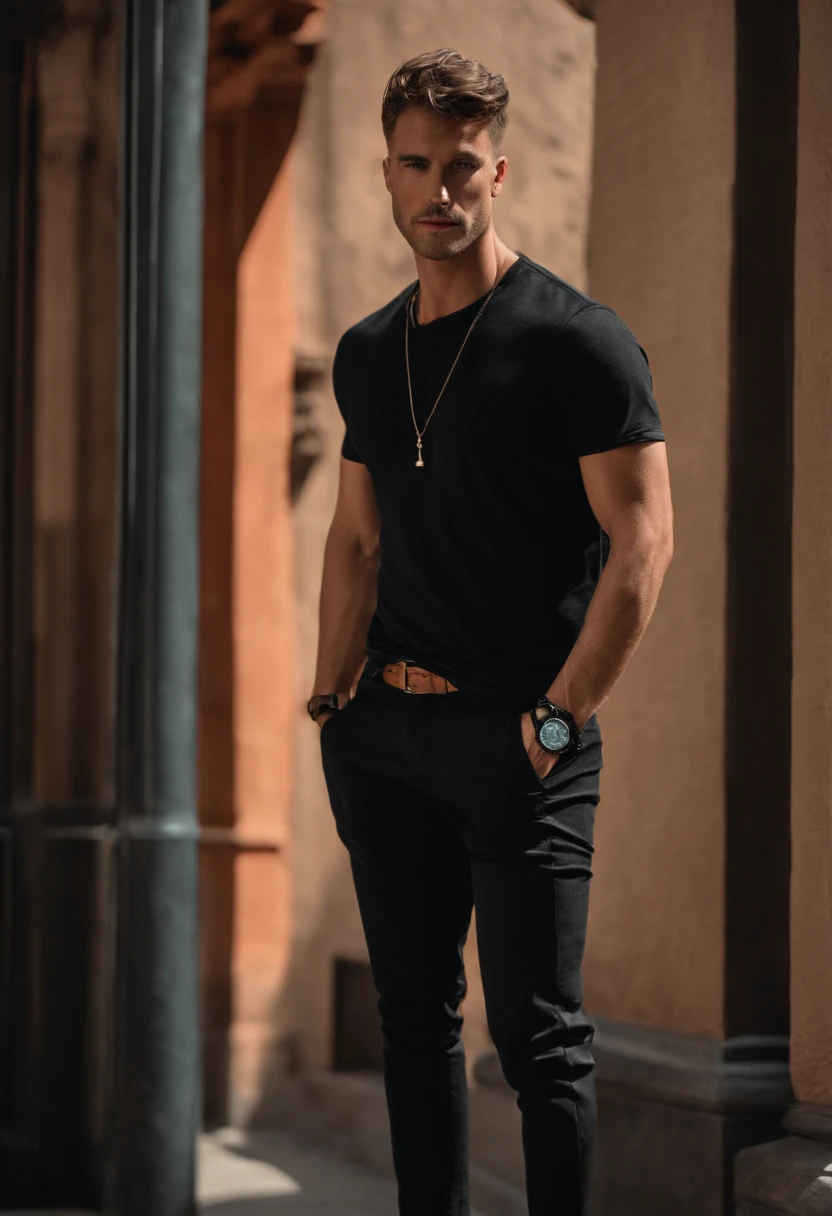 a short-cut man Wearing a black T-shirt and black pants, wears a black watch on his left hand, and puts his right hand in his pants pocket