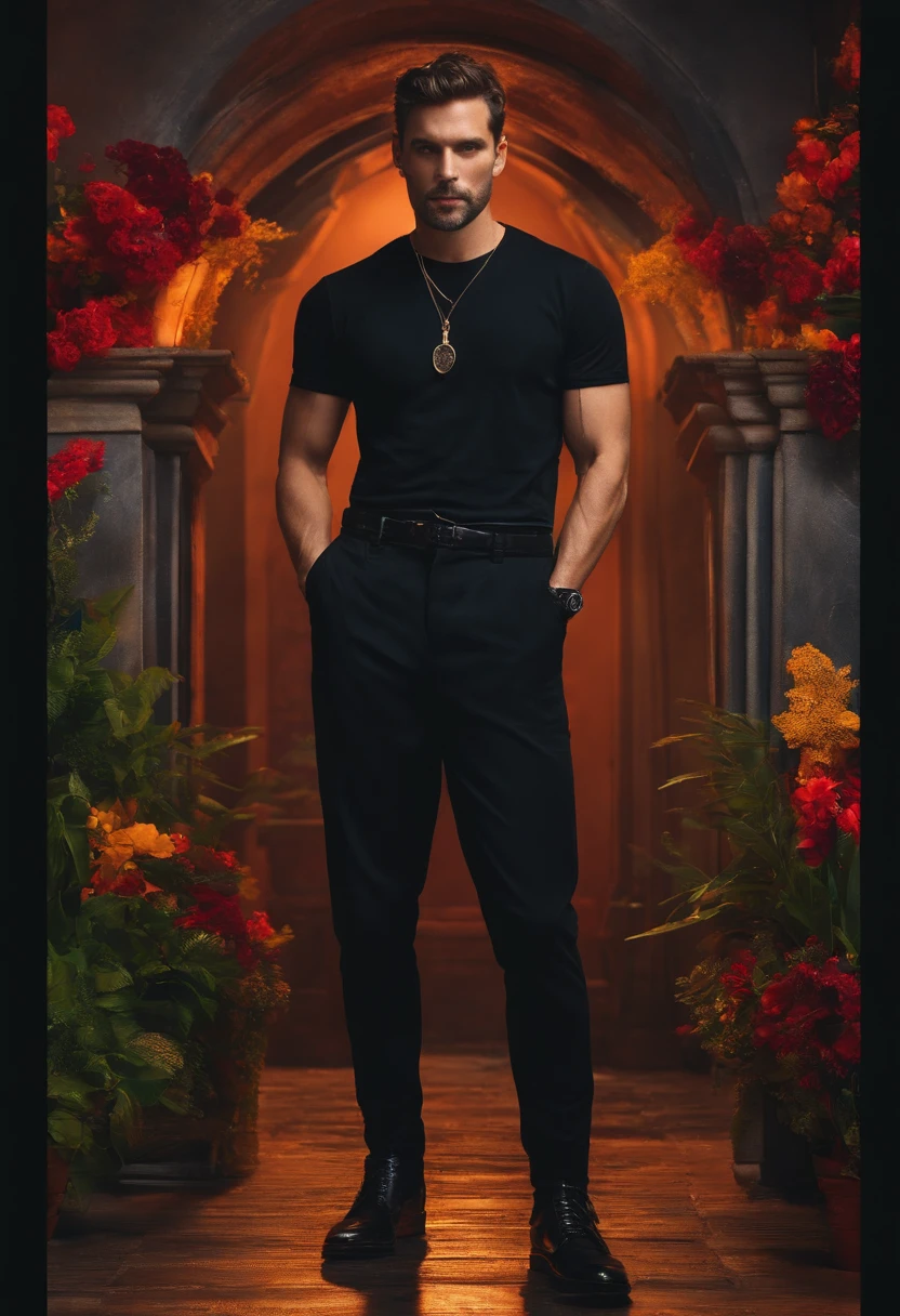 a short-cut man Wearing a black T-shirt and black pants, wears a black watch on his left hand, and puts his right hand in his pants pocket