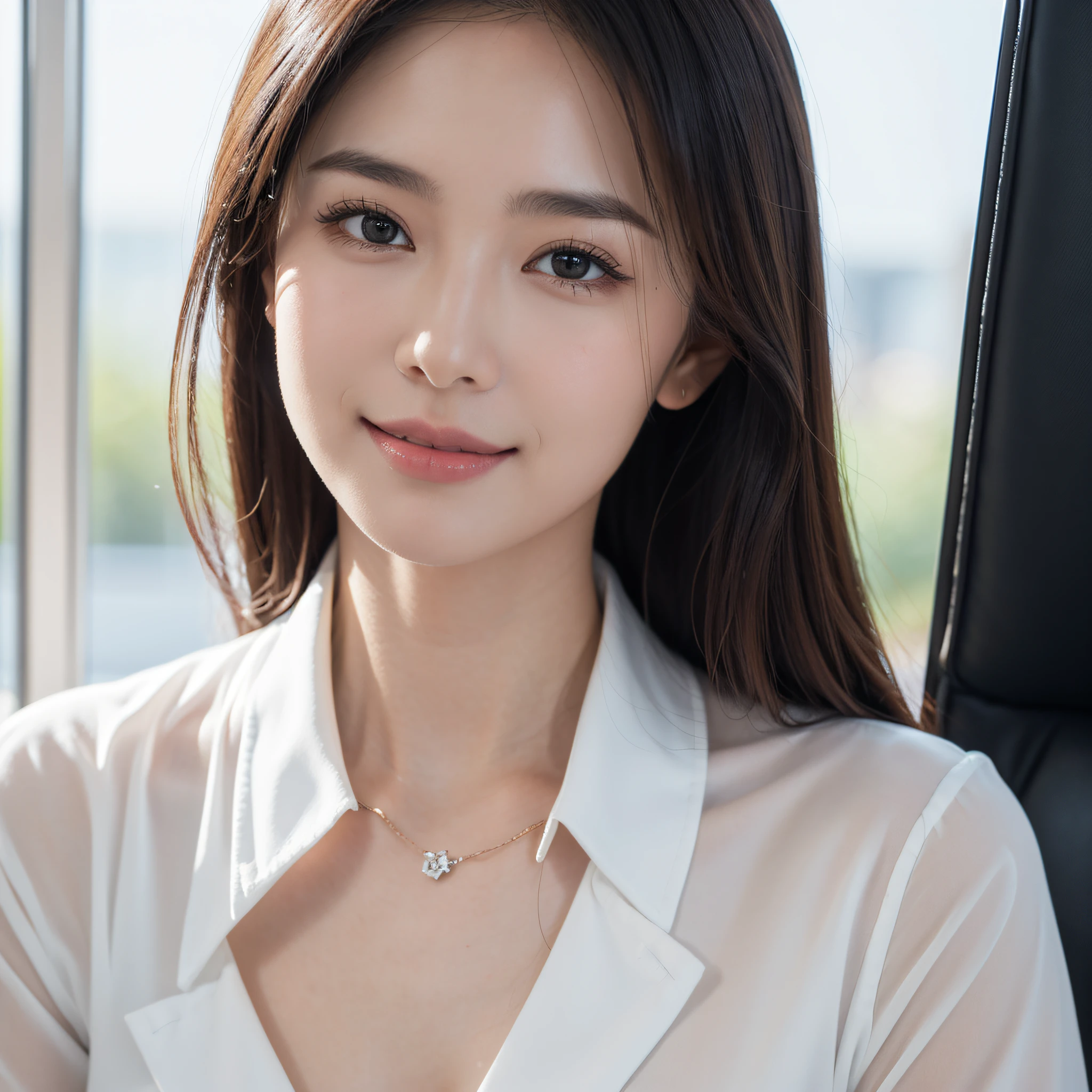 One super beautiful woman、((best qualtiy、8k masterpieces:1.3))、foco nítido:1.2、(ultra beautiful faces:1.0)、(shinny skin:1.0)、photos realistic、A dark-haired、Video Lighting、High-definition eyes and face、Japan Idol Actress、from the front side、medium breasts、Smile、Slender Abs Beauty、Whole body、wears a suit、wearing a shirts、In the office