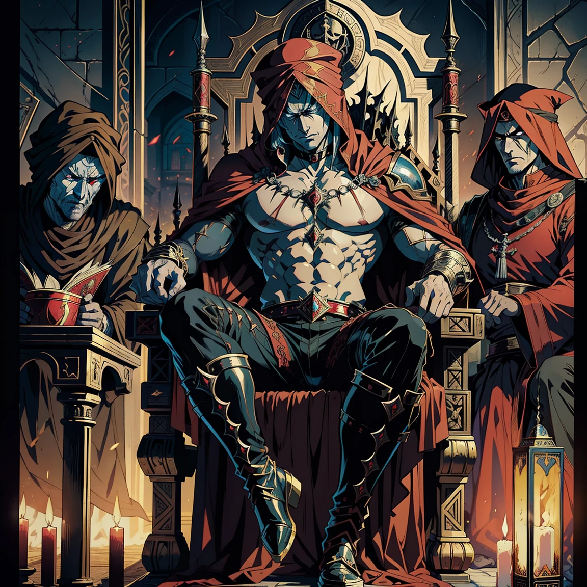 Castlevania Hyper Realistic Shadow Lord Super Detailed Dynamic Plan Master Piece of Lord Dracula Medieval Arab Warrior with Red Turban Scary Face Hokuto No Ken Structure Muscular Face Kenshiro Sitting in His Great Legendary Moroccan Throne Surrounded by Demons and Demons Talking Scrolls Cinematic Scenes Epic Movie Hyper Realistic Movie Legendary Movie Epic Movie Epic Movie