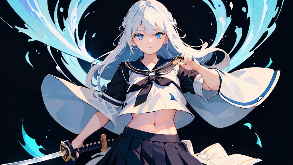 black backgrounds、brilliance、Whole body、(one girls:1.5)、white hair、(White uniform:1.4)、(Skirt High School Student:1.3)、(Navy blue skirt 1.2)、(shortsleeves:1.2)、(a navel:1.3)、(blue eyess:1.6)、(length hair:1.2)、Japanese Katana Sword、(One sword:1.4)、Girl with a sword、White sword、chromatic abberation、Works with a vivid texture、Facing this way