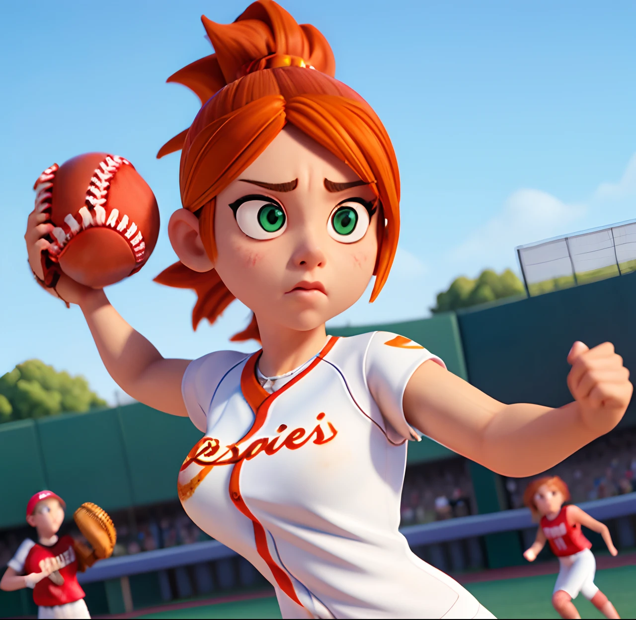 Masterpiece, (watercolor:1.3), (short stack:1.1), forward facing, eyes on camera, serious expression, (action shot:1.4) , (upper body strength:1.3), contrapposto (tattoo:1), softball pitcher, auburn hair, green eyes, (string bikini:1), pitching a softball at viewer, (focus on softball in foreground:1.4), sunny, natural lighting, High definition, excellent resolution, excellent quality, insane detail, semi realistic, postprocessed, crisp face, facial features, extremely detailed, facial features