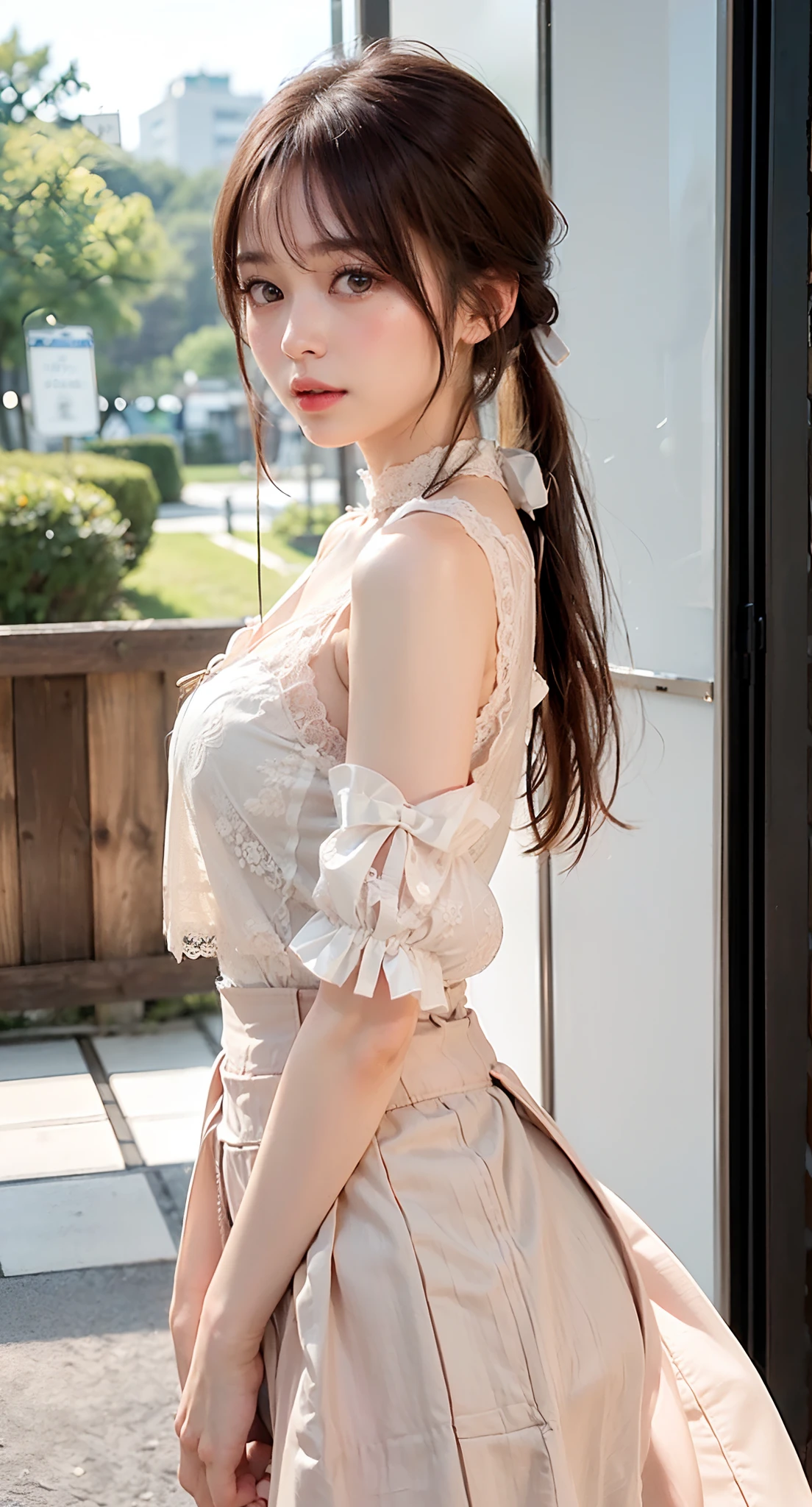 (long  skirt,Maxi length skirt、from side、Bring your chest together:1.9),(((Bun hair、Embarrassing、red blush、embarrassed from、Mouth ajar))),((((White Lace Sleeveless Blouse、small tits、oestrus、I'm、no sleeves、high-heels)))),((Parti、ball、luxury hotel、frombelow))、masutepiece, 1girl in, best qualtiy, Ultra Detail, (shiny), (Small)、(((with blush cheeks,))),Ray tracing,Perfect Lighting, (milky skin:1.2),reflection,  up looking_で_viewer, blush, bow ribbon, yellow_Eyes, White choker, (((A slender,Medium Hair、Japan's cutest 28-year-old beautiful girl))),Small ribbons in the hair