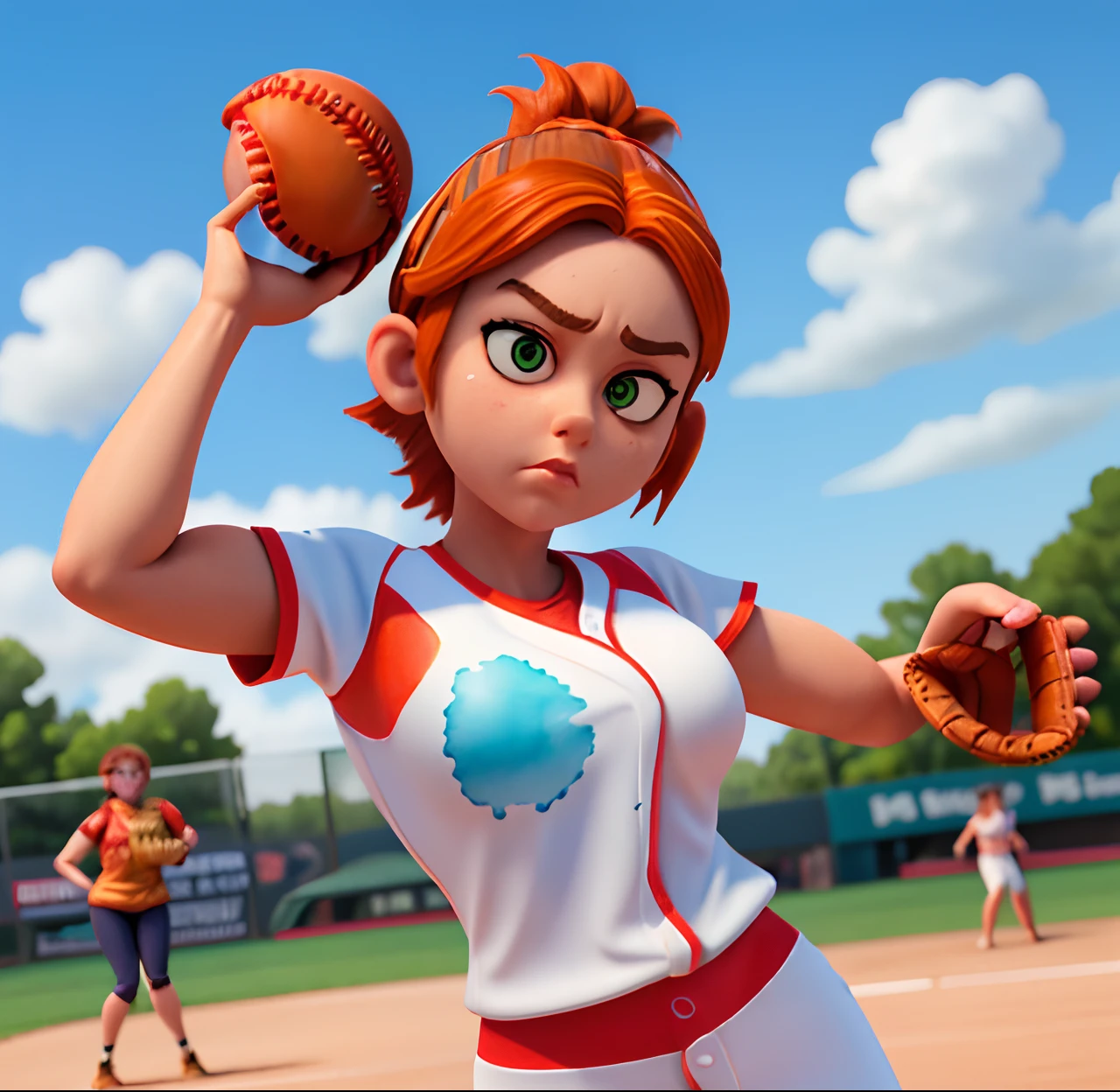 Masterpiece, (watercolor:1.3), (short stack:1.1), forward facing, eyes on camera, serious expression, (action shot:1.4) , (upper body strength:1.3), contrapposto (tattoo:1), softball pitcher, auburn hair, green eyes, (string bikini:1), pitching a softball at viewer, (focus on softball in foreground:1.4), sunny, natural lighting, High definition, excellent resolution, excellent quality, insane detail, semi realistic, postprocessed, crisp face, facial features, extremely detailed, facial features