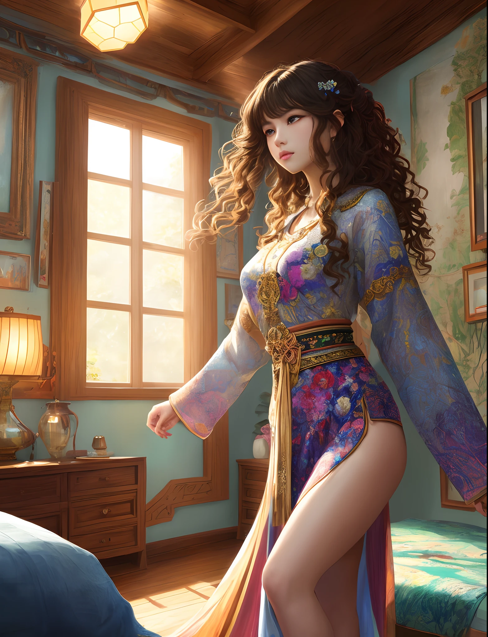 high detail Color RAW Photo, beautiful brunette girl, baggy clothes, long curly hair, dynamicpose, (wide hips), (detailed skin), (detailed lips), (詳細な目), (Room:1.4), (Colorful Room Furnishings) (Detailed Face), blonde, 詳細な目, chromatic aberration, Depth of field, soft-lighting, Masterpiece, Psychedelic, Best Quality, Intricate, (bloom:0.7), (From directly above:0.5), 粒子特效, ray traced, tone mapped, Highly detailed, Concept art, Smooth, sharp-focus, dramatic  lighting, highly detailed artwork, Cinematic, hyper-realistic painting, Trending on ArtStation, 8K, Incredible shadows, Realistic, (highly detailed background:1.2), art by midjourney