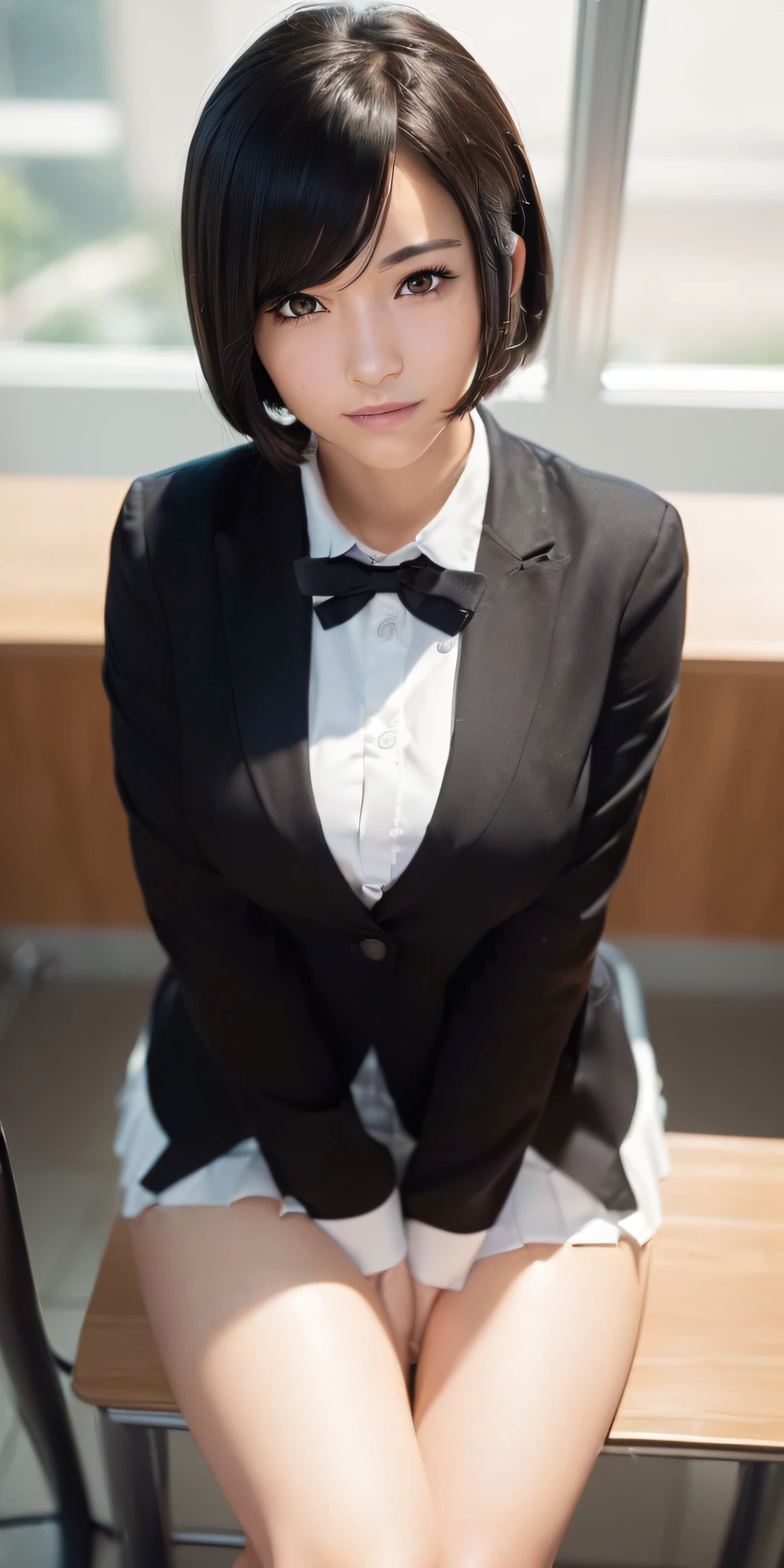 (((professional: step by step, final result god level))): " anime, realistic woman anime style, (Mikasa akerman), 18 years old girl, (gray blazer, ribbon, folded miniskirt, thigh-high socks, ( (private school uniform)), high school classroom, beautiful detail in the eyes, light on the face, especially strong light, (upper eyes, smiling: 1.2), shiny skin, (((black hair, bob hair: 1.2) )), (thick thighs), ulzzang-6500-v1.1: 0.2, bashful, (flash: 1.2), NSFW, ((seductive posture: 1.2, attractive: 1.2)), (idle), (sitting at a desk : 1.2), ((good anatomy: 1.2)), ((bright classroom, blurred background: 1.2)), perfect face, cute and symmetrical face, (High Angle Shot: 1.2)s., Natural side lighting, ((works master), (realistic, photorealism: 1.37), (highest quality), (best shadows), (best illustrations), Clavicles ((large)), ((erotic, sexy, Wallpapers, Physical representation, movie lighting)), Canon EOS R50 camera 50mm lens"