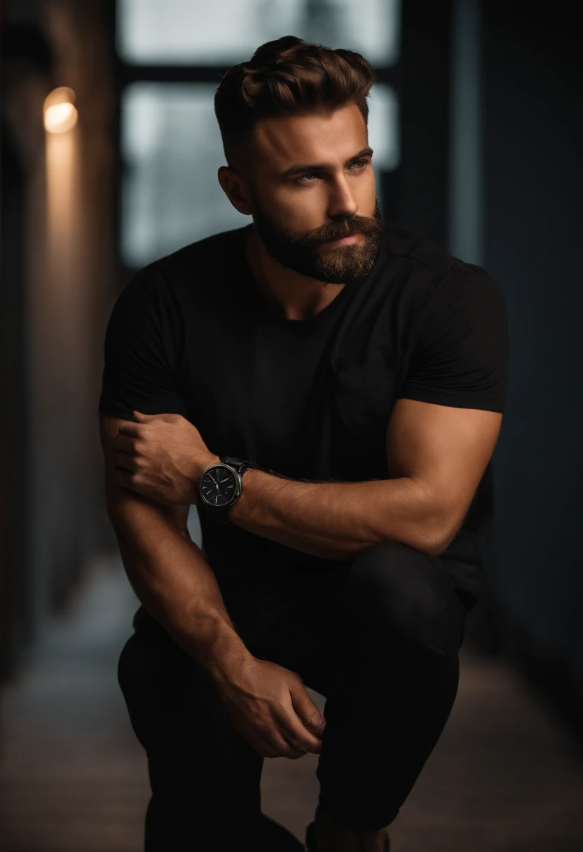 Wearing a black T-shirt and black pants, a short-cut man with a little beard, wearing a black watch on his left hand, with his right hand in his pants pocket, dark background, studio lights
