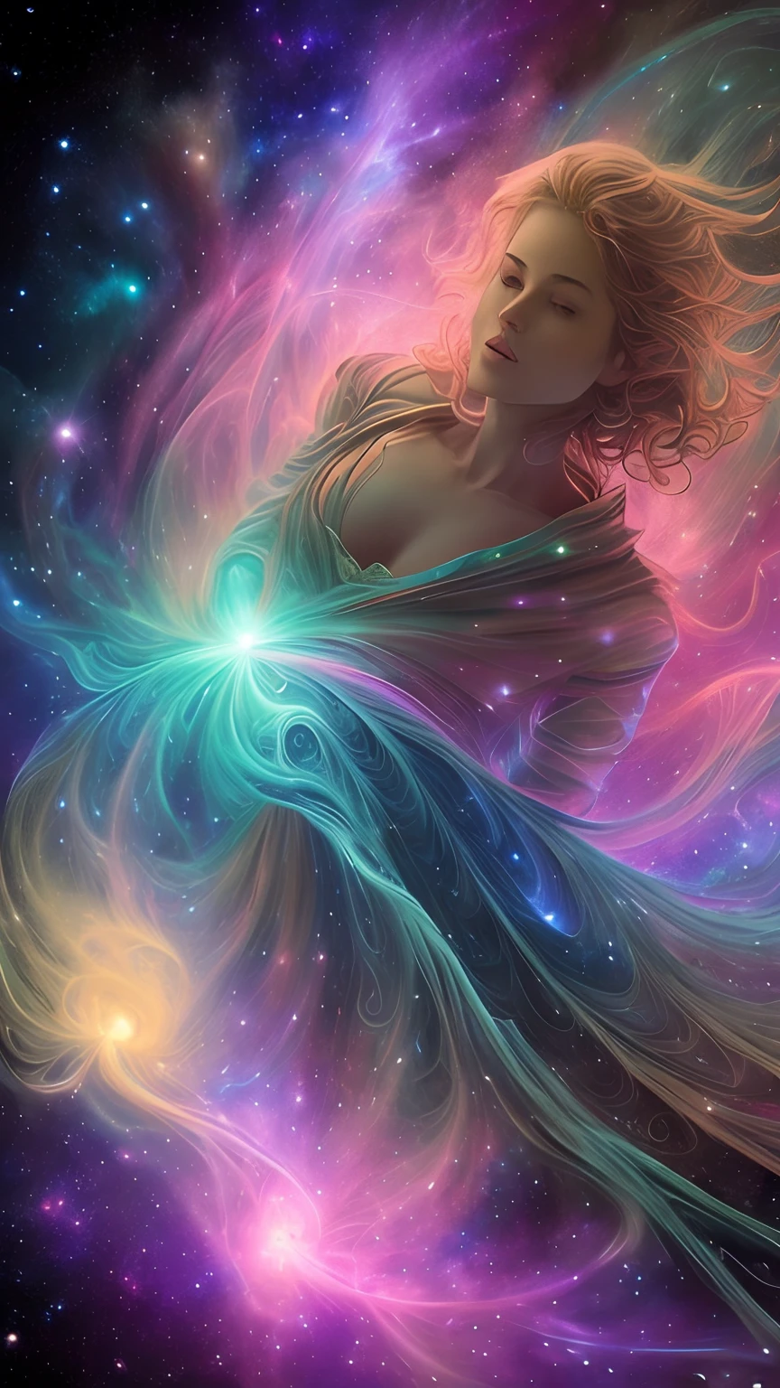 inconceivable and spectacular a scene of emergence of a figure from the glowing cloud, fractal nebula threads, cosmic entities, celestial, cosmic, vibrant and vivid, swirls, twirling, unrealistic, high contrast, symobolism, magical, mystical, mystifying, hyperrealistic, oversaturate, colorfully