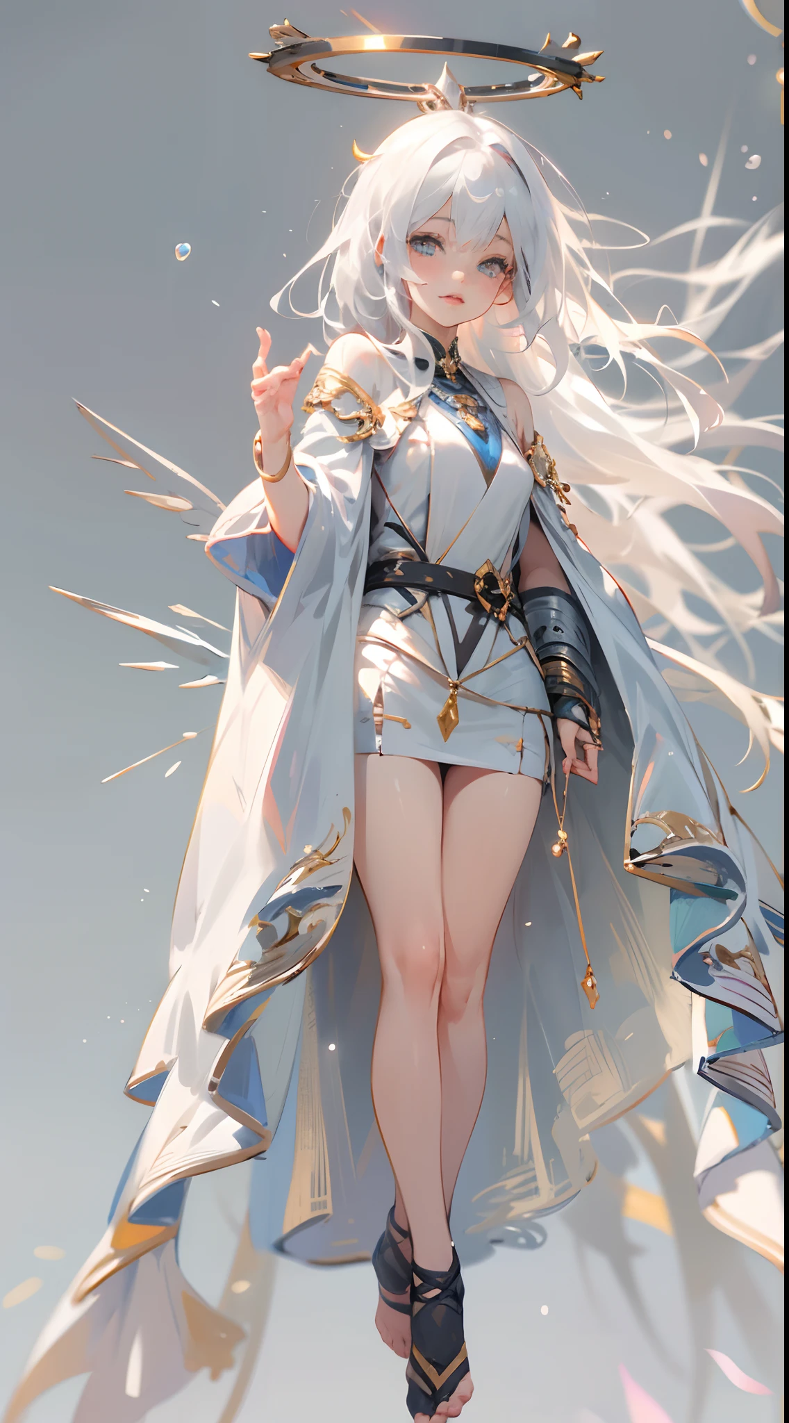 Full body photo,short skirt,(tmasterpiece:1.4),(best qualtiy:1.4),(Very cute angel girl,Super detailed face,gem-like eyes,Extra-long white hair,Colorful gradient hair:1.4),(angel ring:
1.4), (angel wing: 1.4), (full bodyesbian, Perfect 2 arms, Perfect 2 legs: 1.4),Barefoot, Perfect 4 fingers: 1 thumb, Light light, The sheen, bokeh, super-fine