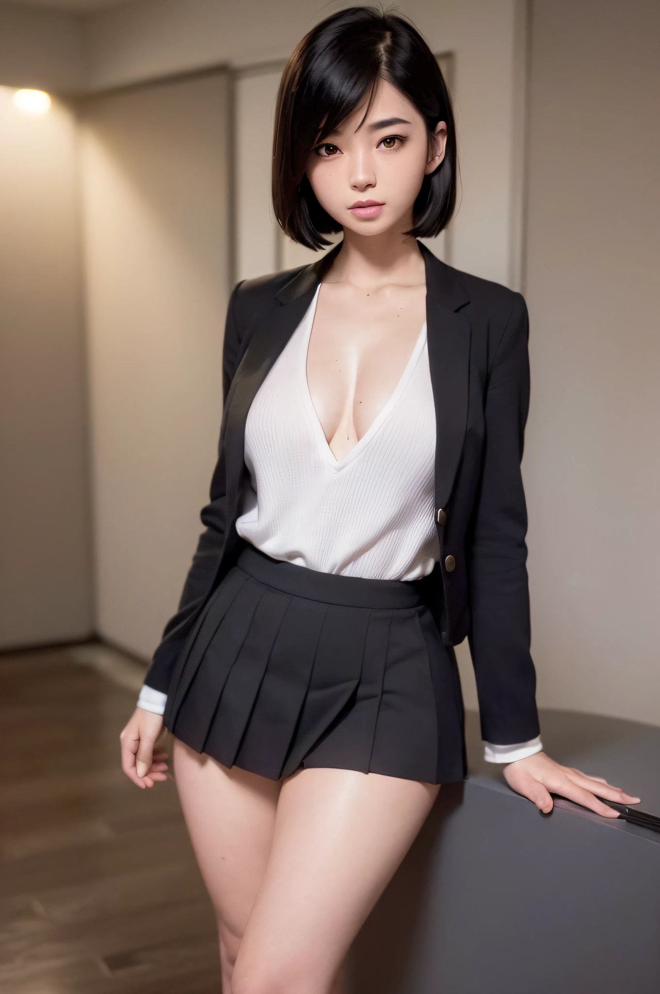 (((professional: step by step, god level final result))): " anime, anime-style realistic woman, (Mikasa akerman), 18-year-old girl, (gray blazer, ribbon, folded miniskirt, thigh-high socks, ( (sexy: short private school uniform)), high school classroom, beautiful details in the eyes, light on the face, especially strong light, (top of the eyes, smile: 1.2), shiny skin, ((( black hair, bob hair: 1.2) ) ), (thick thighs), ulzzang-6500-v1.1: 0.2, shy, (flash: 1.2), NSFW, ((seductive posture: 1.2, attractiveness: 1.2)), ( inactive), (standing: at rest), ((good anatomy: 1.2)), ((bright classroom, blurred background: 1.2)), perfect face, cute and symmetrical face, (High shot: 1.2)s., Lighting natural side, ((works master ), (realistic, photorealism: 1.37), (highest quality), (best shadows), (best illustrations), Clavicles ((large)), ((erotic, sexy, Wallpapers, Representation physics, film lighting)), Canon EOS Camera R50 50mm lens"