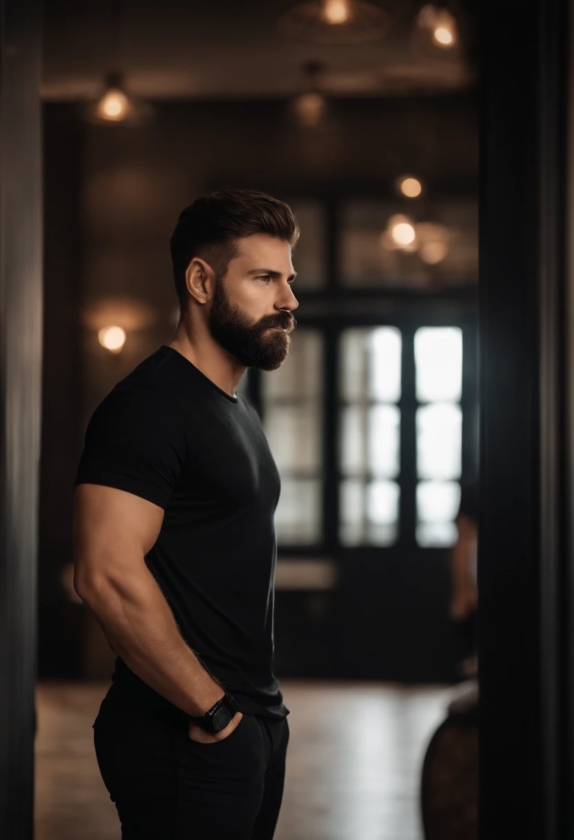 Wearing a black T-shirt and black pants, a short-cut man with a little beard, wearing a black watch on his left hand, with his right hand in his pants pocket, dark background, studio lights