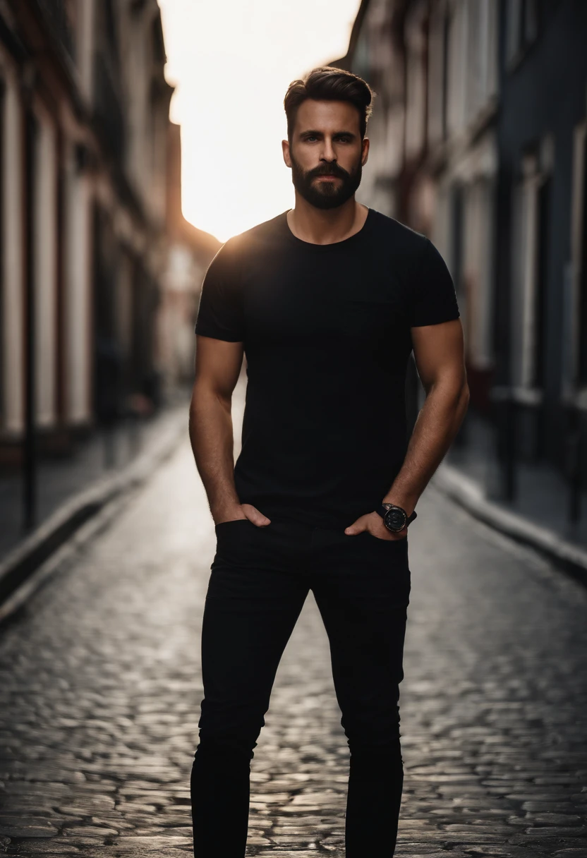 Wearing a black T-shirt and black pants, a short-cut man with a little beard, wearing a black watch on his left hand, with his right hand in his pants pocket, dark background, studio lights