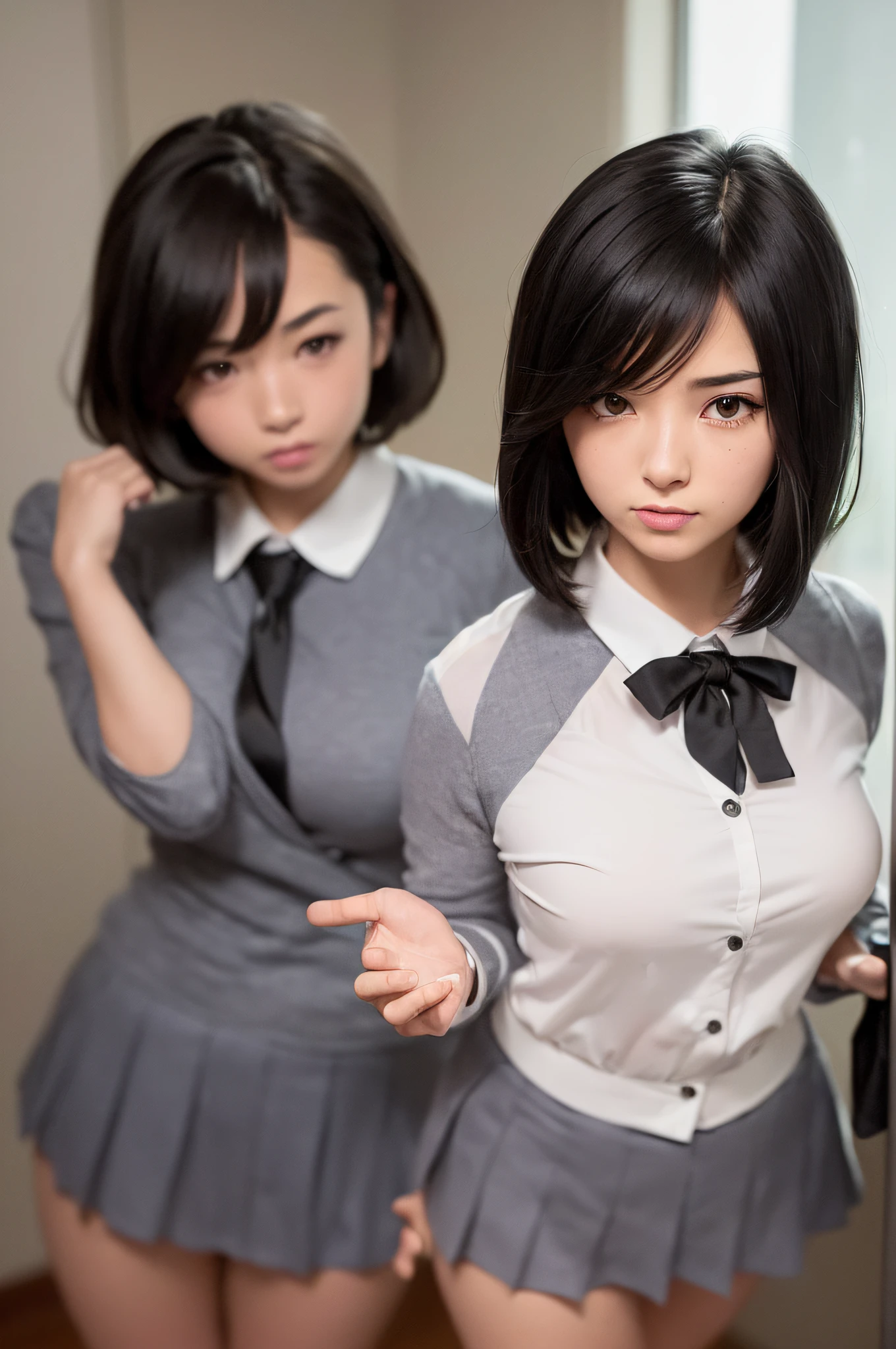 (((professional: step by step, god level final result))): " anime, anime-style realistic woman, (Mikasa akerman), 18-year-old girl, (gray blazer, ribbon, folded miniskirt, thigh-high socks, ( (sexy: short private school uniform)), high school classroom, beautiful details in the eyes, light on the face, especially strong light, (top of the eyes, smile: 1.2), shiny skin, ((( black hair, bob hair: 1.2) ) ), (thick thighs), ulzzang-6500-v1.1: 0.2, shy, (flash: 1.2), NSFW, ((seductive posture: 1.2, attractiveness: 1.2)), ( inactive), (standing: at rest), ((good anatomy: 1.2)), ((bright classroom, blurred background: 1.2)), perfect face, cute and symmetrical face, (High shot: 1.2)s., Lighting natural side, ((works master ), (realistic, photorealism: 1.37), (highest quality), (best shadows), (best illustrations), Clavicles ((large)), ((erotic, sexy, Wallpapers, Representation physics, film lighting)), Canon EOS Camera R50 50mm lens"
