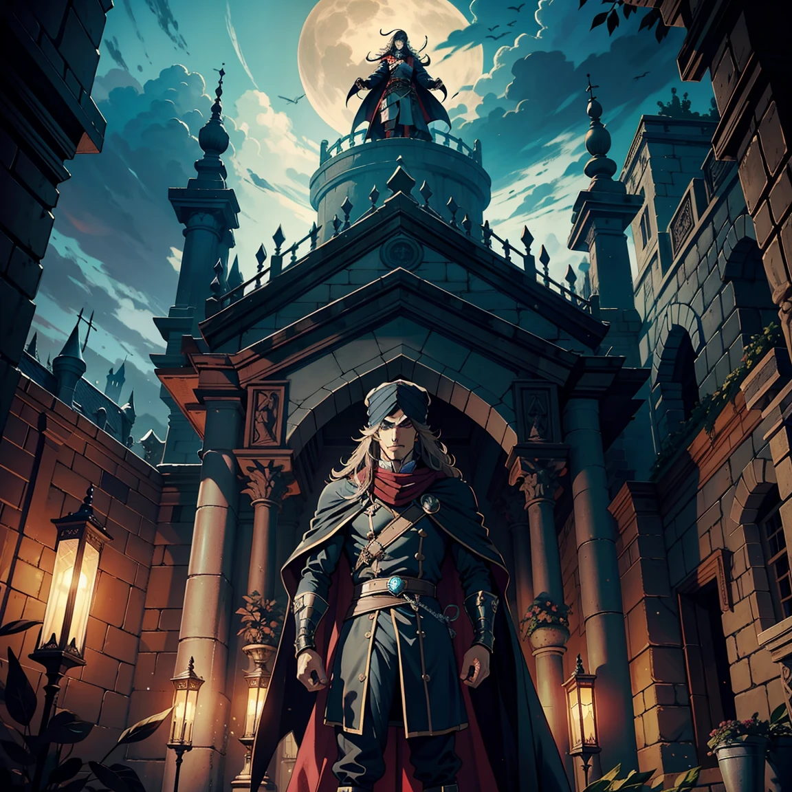 Castlevania Seigneur de l’ombre hyper réaliste Plan dynamique super détaillé Pièce maîtresse du seigneur Dracula Guerrier arabe médiéval avec turban rouge Visage effrayant Hokuto No Ken Structure Visage musclé Kenshiro assis dans son grand trône marocain Legendary perspective environnement