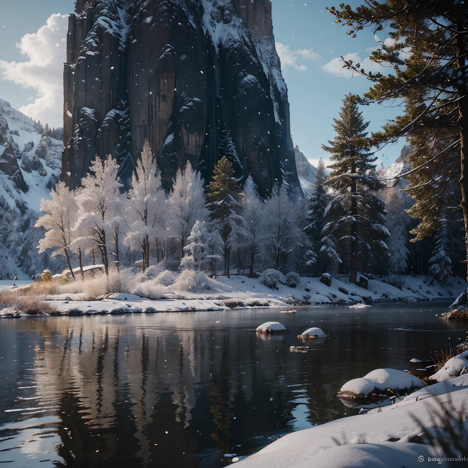 masterpiece, best quality, high quality, extremely detailed CG unity 8k wallpaper, scenery, outdoors,flower, cloud, day, no humans, mountain, landscape, water, tree, snowing, waterfall, cliff, nature, lake, river, snowflakes,award winning photography, Bokeh, Depth of Field, HDR, bloom, Chromatic Aberration ,Photorealistic,extremely detailed, trending on artstation, trending on CGsociety, Intricate, High Detail, dramatic, art by midjourney
