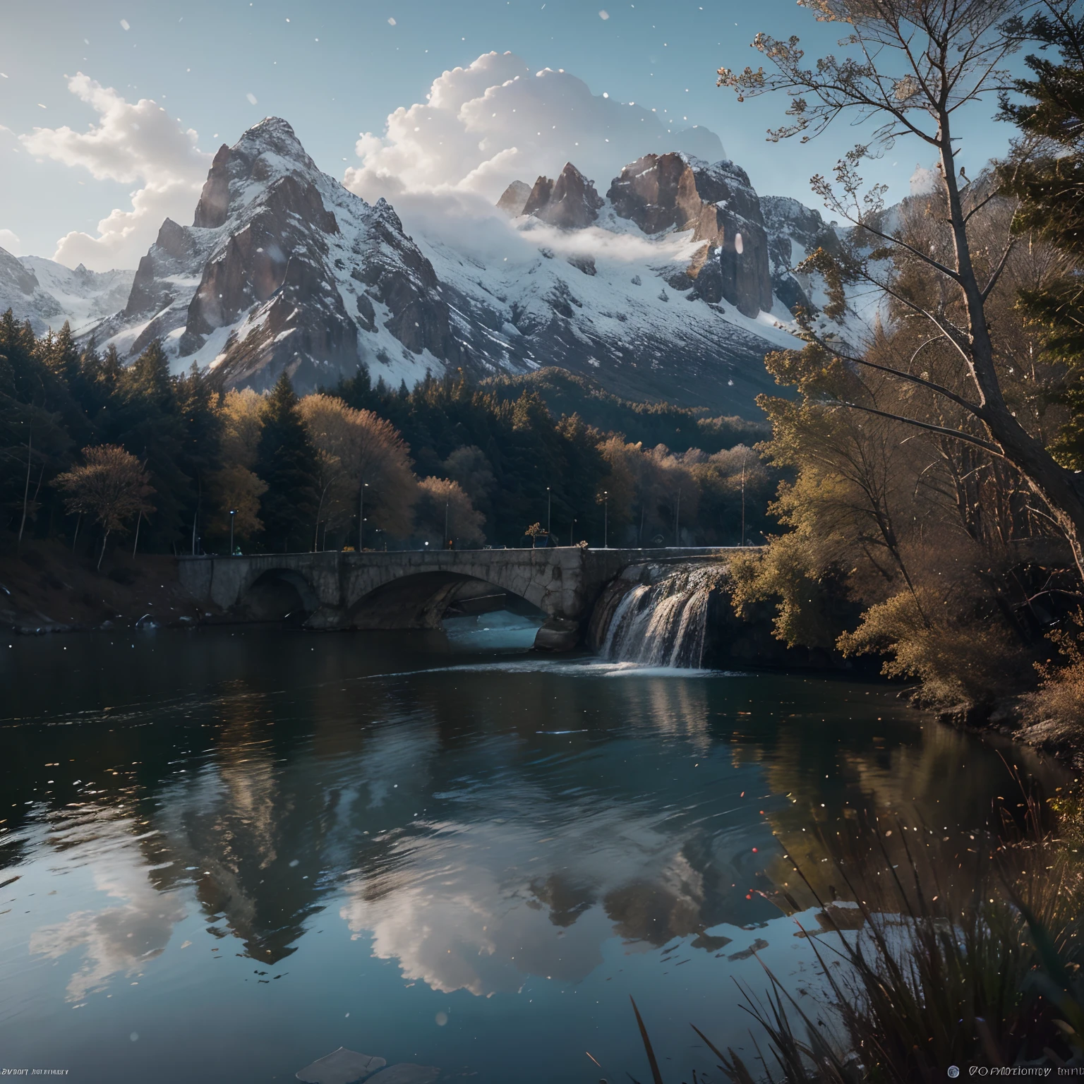 masterpiece, best quality, high quality, extremely detailed CG unity 8k wallpaper, scenery, outdoors,flower, cloud, day, no humans, mountain, landscape, water, tree, snowing, waterfall, cliff, nature, lake, river, snowflakes,award winning photography, Bokeh, Depth of Field, HDR, bloom, Chromatic Aberration ,Photorealistic,extremely detailed, trending on artstation, trending on CGsociety, Intricate, High Detail, dramatic, art by midjourney