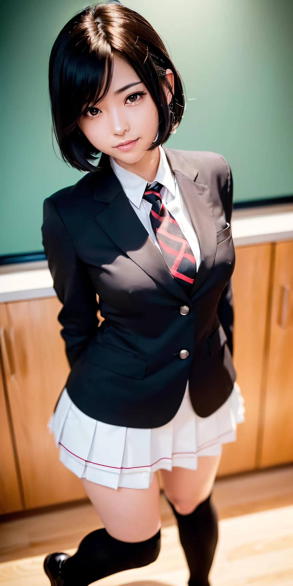 (((professional: step by step, god level final result))): " anime, anime-style realistic woman, (Mikasa akerman), 18-year-old girl, (gray blazer, ribbon, folded miniskirt, thigh-high socks, ((sexy: short private school uniform)), high school classroom, beautiful details in the eyes, light on the face, especially strong light, (top of the eyes, smile: 1.2), shiny skin, ((( black hair, bob hair: 1.2))), (thick thighs), ulzzang-6500-v1.1: 0.2, shy, (flash: 1.2), NSFW, ((seductive posture: 1.2, attractiveness: 1.2)), ( inactive), (standing: at rest), ((good anatomy: 1.2)), ((bright classroom, blurred background: 1.2)), perfect face, cute and symmetrical face, (High shot: 1.2)s., Lighting natural side, ((works master ), (realistic, photorealism: 1.37), (highest quality), (best shadows), (best illustrations), Clavicles ((large)), ((erotic, sexy, Wallpapers, Representation physics, film lighting)), Canon EOS Camera R50 50mm lens" low front view