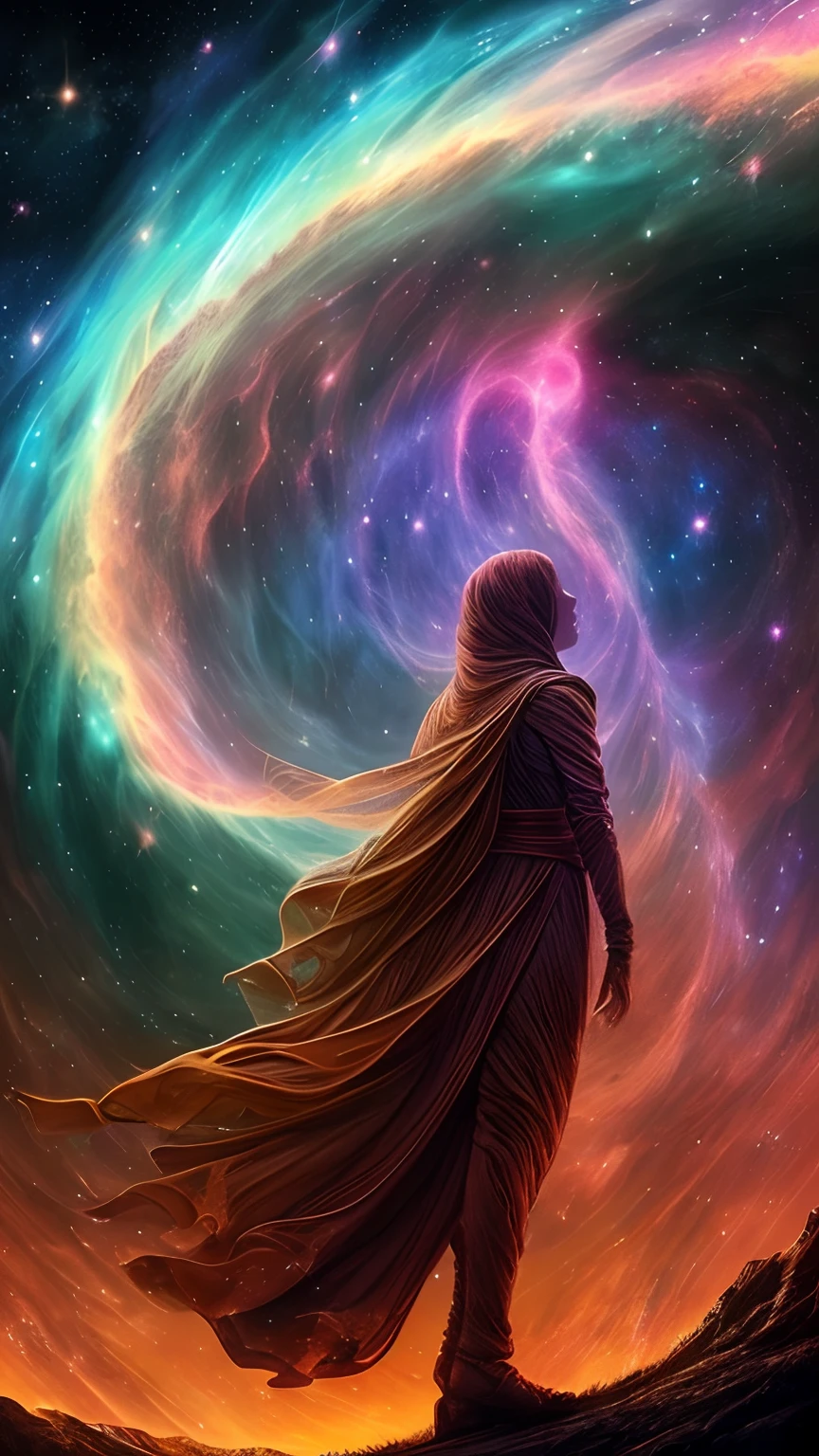 inconceivable and spectacular a scene of emergence of a figure from the glowing cloud, fractal nebula threads, cosmic entities, celestial, cosmic, vibrant and vivid, swirls, twirling, unrealistic, high contrast, symobolism, magical, mystical, mystifying, hyperrealistic, oversaturate, colorfully