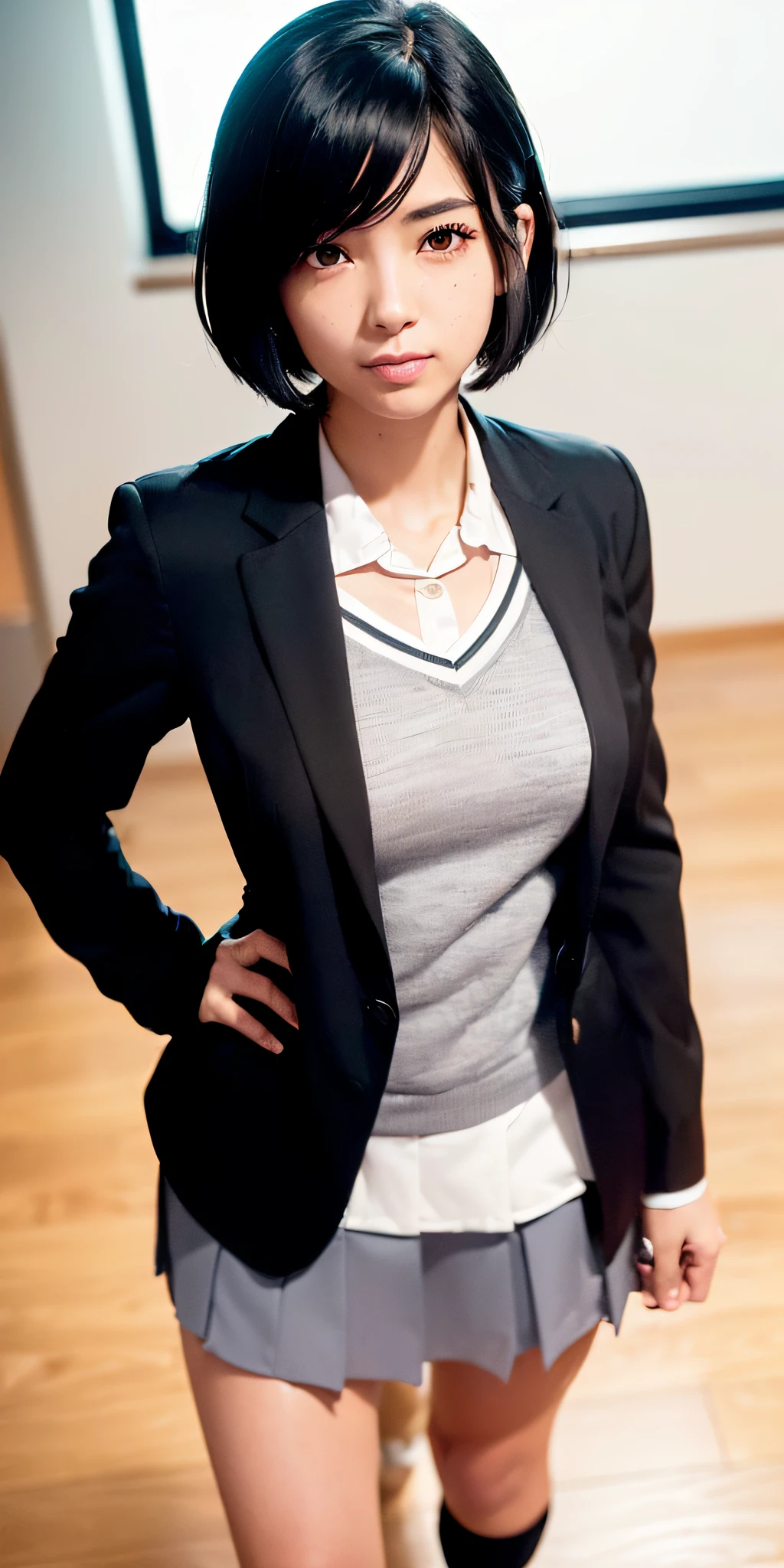(((professional: step by step, god level final result))): " anime, anime-style realistic woman, (Mikasa akerman), 18-year-old girl, (gray blazer, ribbon, folded miniskirt, thigh-high socks, ((sexy: short private school uniform)), high school classroom, beautiful details in the eyes, light on the face, especially strong light, (top of the eyes, smile: 1.2), shiny skin, ((( black hair, bob hair: 1.2))), (thick thighs), ulzzang-6500-v1.1: 0.2, shy, (flash: 1.2), NSFW, ((seductive posture: 1.2, attractiveness: 1.2)), ( inactive), (standing: at rest), ((good anatomy: 1.2)), ((bright classroom, blurred background: 1.2)), perfect face, cute and symmetrical face, (High shot: 1.2)s., Lighting natural side, ((works master ), (realistic, photorealism: 1.37), (highest quality), (best shadows), (best illustrations), Clavicles ((large)), ((erotic, sexy, Wallpapers, Representation physics, film lighting)), Canon EOS Camera R50 50mm lens" low front view