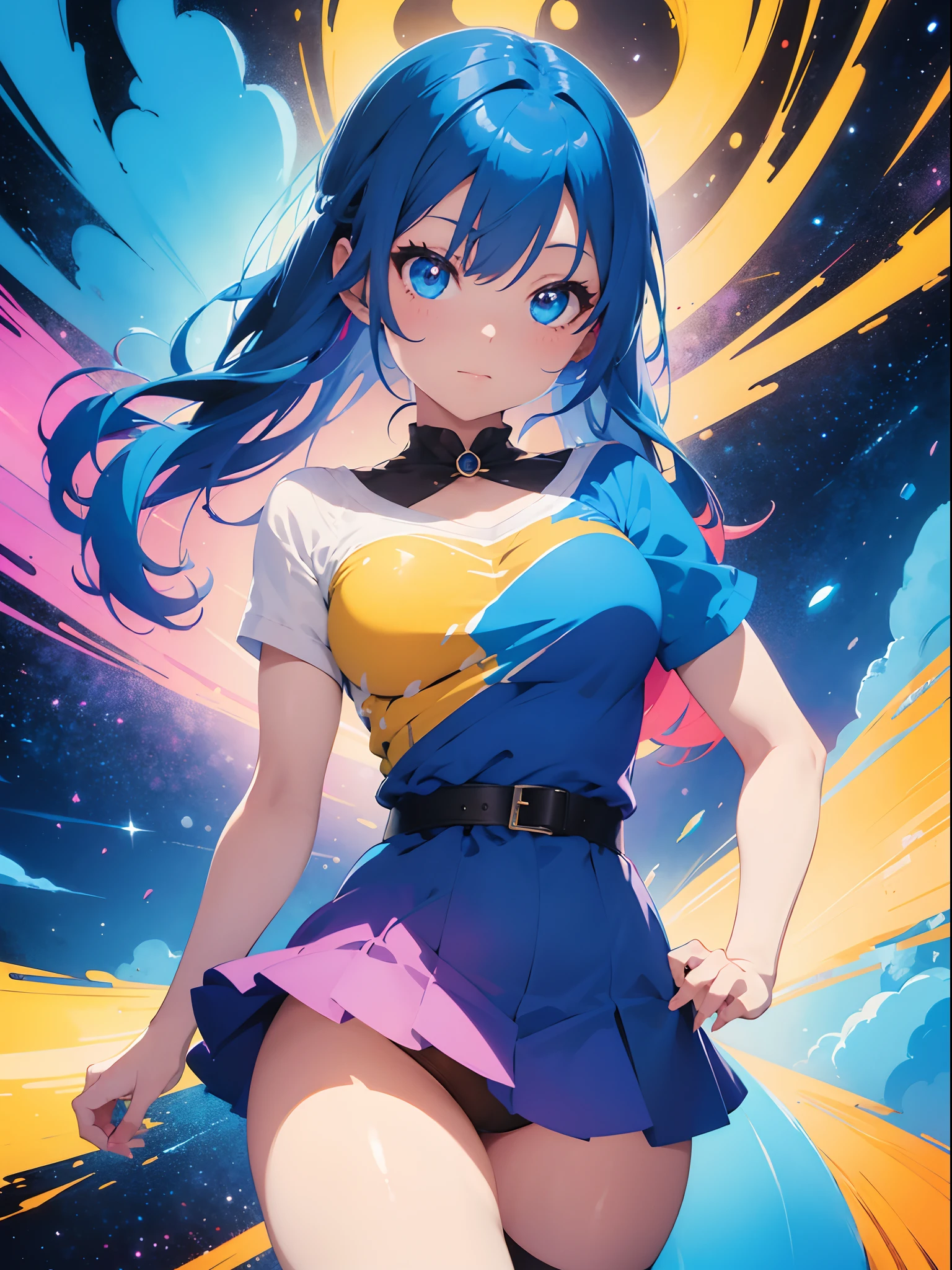 brightly colored painting of a woman with blue hair and a colorful dress, artgerm colorful!!!, dreamy psychedelic anime, colorful concept art, colorful art, beautiful anime artwork, anime art wallpaper 8 k, colorfull digital fantasy art, colorful aura, anime art wallpaper 4 k, anime art wallpaper 4k, anime fantasy artwork, colorful digital painting, digital art on pixiv