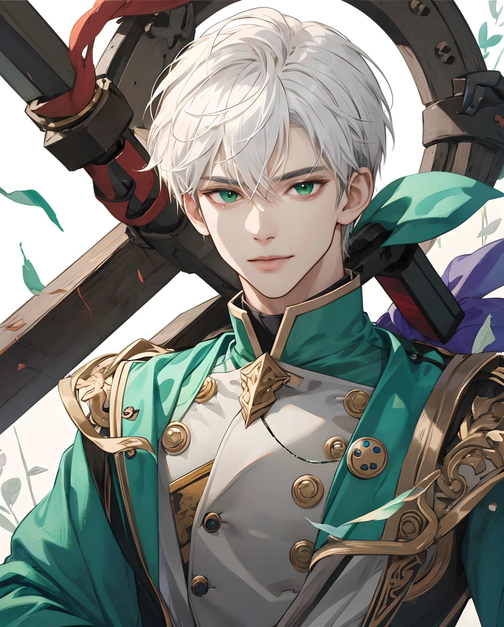 masterpiece、top-quality、超A high resolution、2D Bishonen、animesque、age Boy、White hair、short-haired、Beautiful green eyes、The clothes are also depicted in detail、Eyes are depicted in detail、The face is depicted in detail、sorcerer、soio、Gentle smile、hair adornments、animesque、illustratio