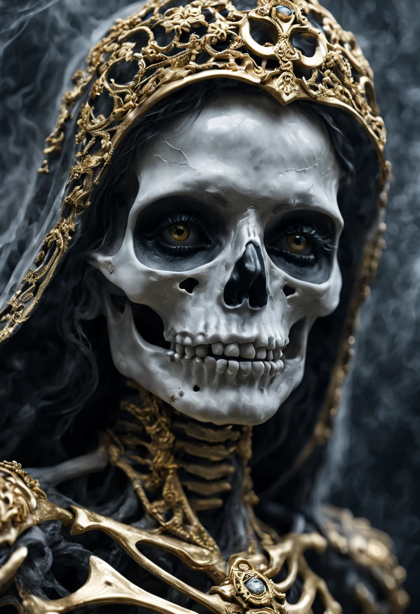 close up ultra detailed marble and gold sculpture of a female necromancer, (skeleton face), volumetric fog, hyperrealism, breathtaking, ultra realistic, ultra detailed, cyber background, cinematic lighting, highly detailed, breathtaking, photography, stunning environment, wide-angle