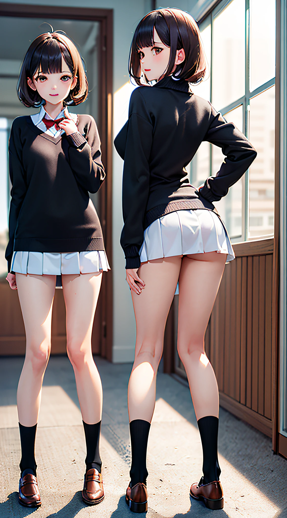 (((professional: step by step, final result god level))): "masterpiece, best quality, highres, kr1, brown eyes, blunt bangs, kibito high school uniform, 20% miniskirt, sweater, pleated skirt, socks, small breasts, leaning forward, hand on hip,, low back view"