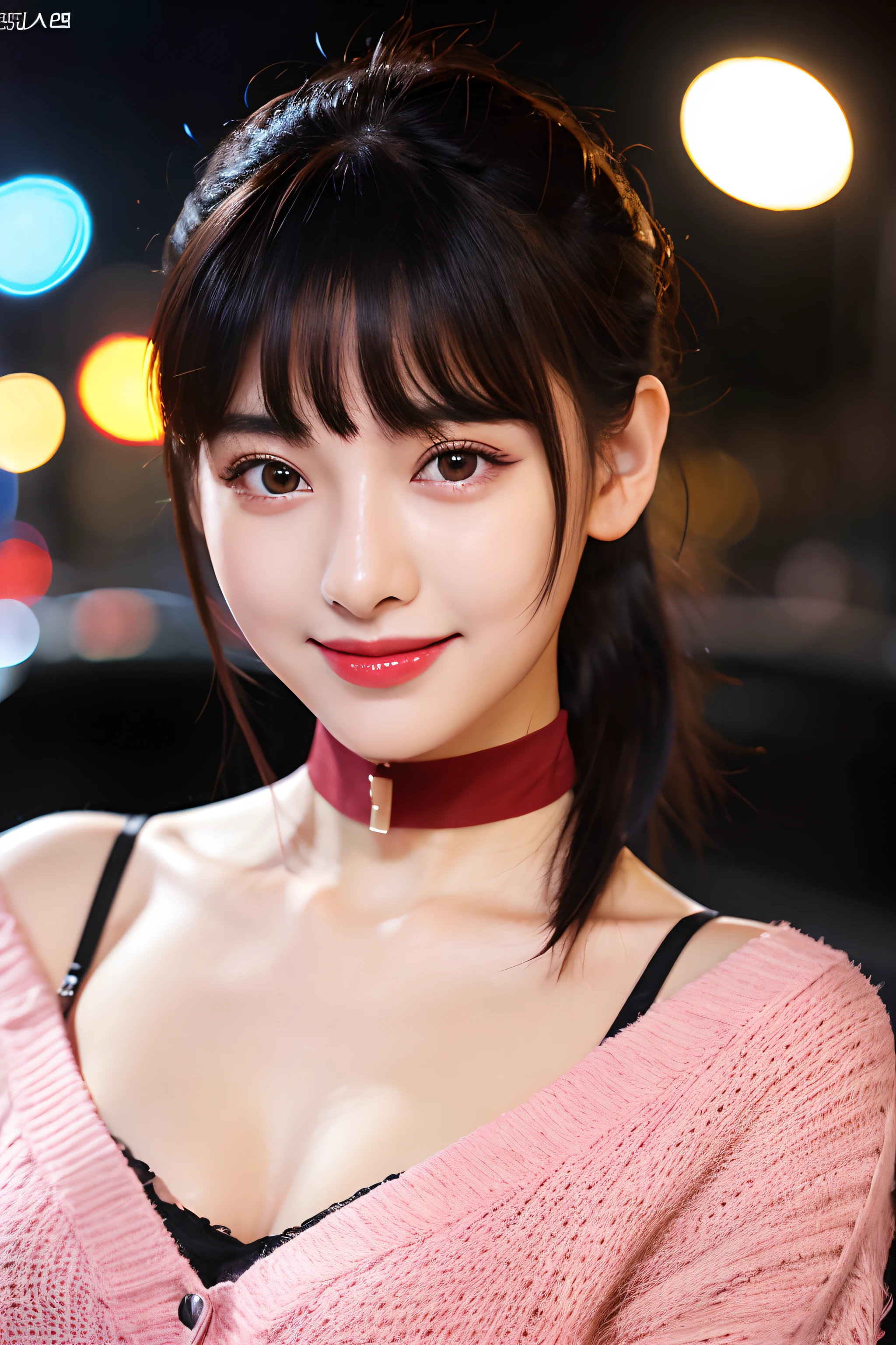 ((upper bod))、((Girl in 1))、(looking at view)、(18year old)、((Black hair long hair))、((Pattsun bangs))、((Pony tail))、(a smile)、(a choker)、Pink cardigan、(brown-eyed)、red lipsticks、(Photoreal Stick:1.2)、in 8K、(High quality shadows)、Detail Beautiful delicate face、Detail Beautiful delicate eyes、Cute K-pop Idol、(Korean Urzan Face)、(ulzzang -6500-v1.1:0.6)、gloweyes、perfectbody、(huge tit)、Natural color reproduction、Bright red lipstick、Shiny hair、Description beautiful delicate hair、(Lustrous skin)、电影灯光、City at night after rain、Neon Street、